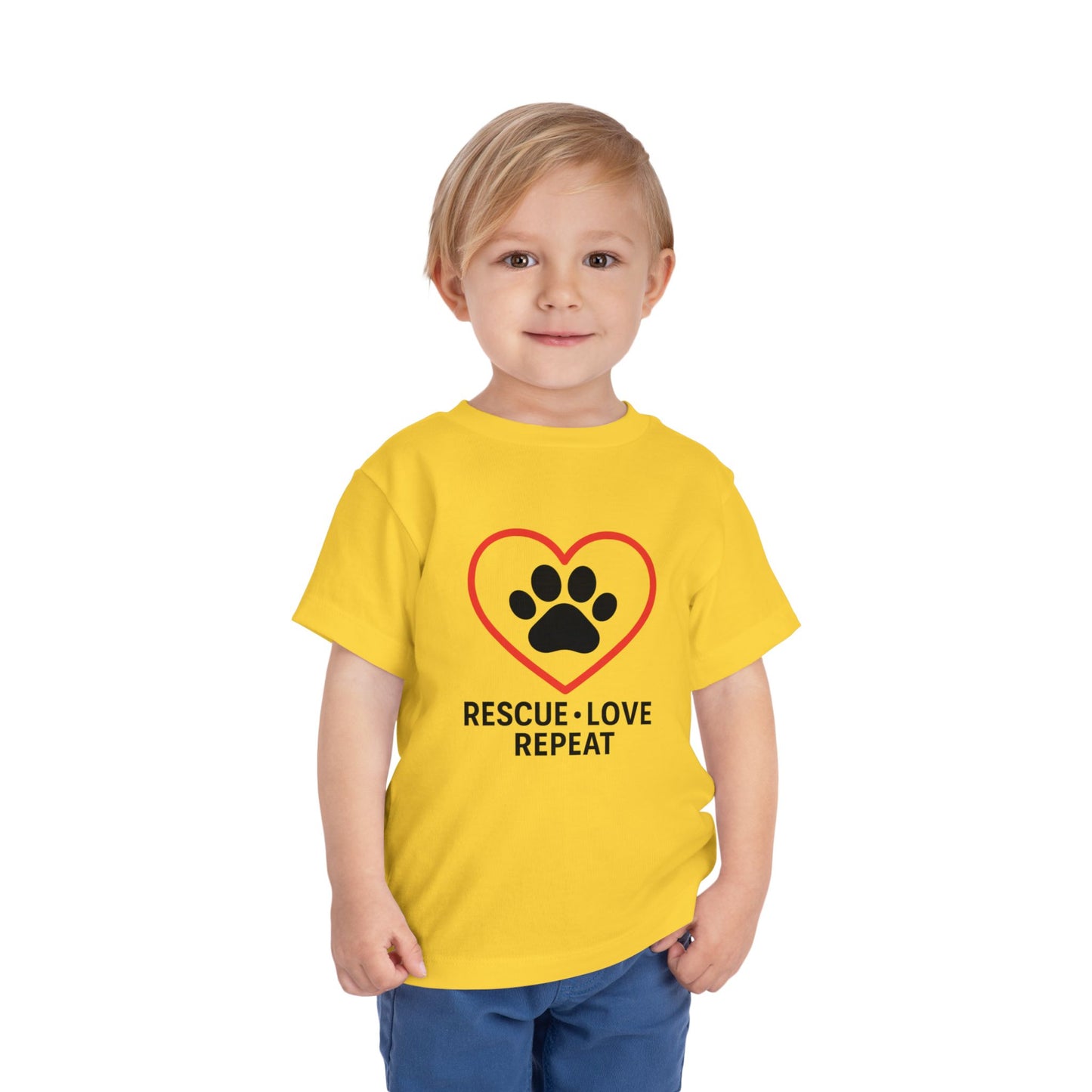 Rescue Love Repeat Toddler Tee, Kids Animal Lover Shirt, Adoption Support T-Shirt, Perfect Gift for Pet Lovers, Heart Paw Print Tee