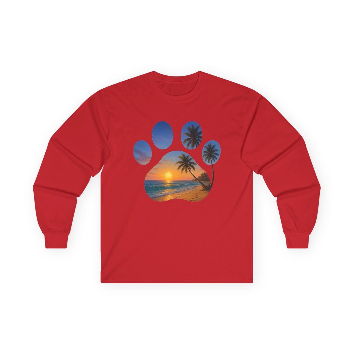 Sunset Palm Tree Paw Print Long Sleeve Tee, Unisex Pet Lover Shirt, Beach Vibes T-Shirt, Dog Lover Gift, Eco-Friendly Apparel