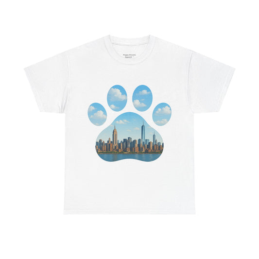 Cityscape Paw Print Unisex Heavy Cotton Tee, Dog Lover Gift, Casual Wear, Pet-Themed Apparel, Animal Lover Shirt, Nature-Inspired Tee