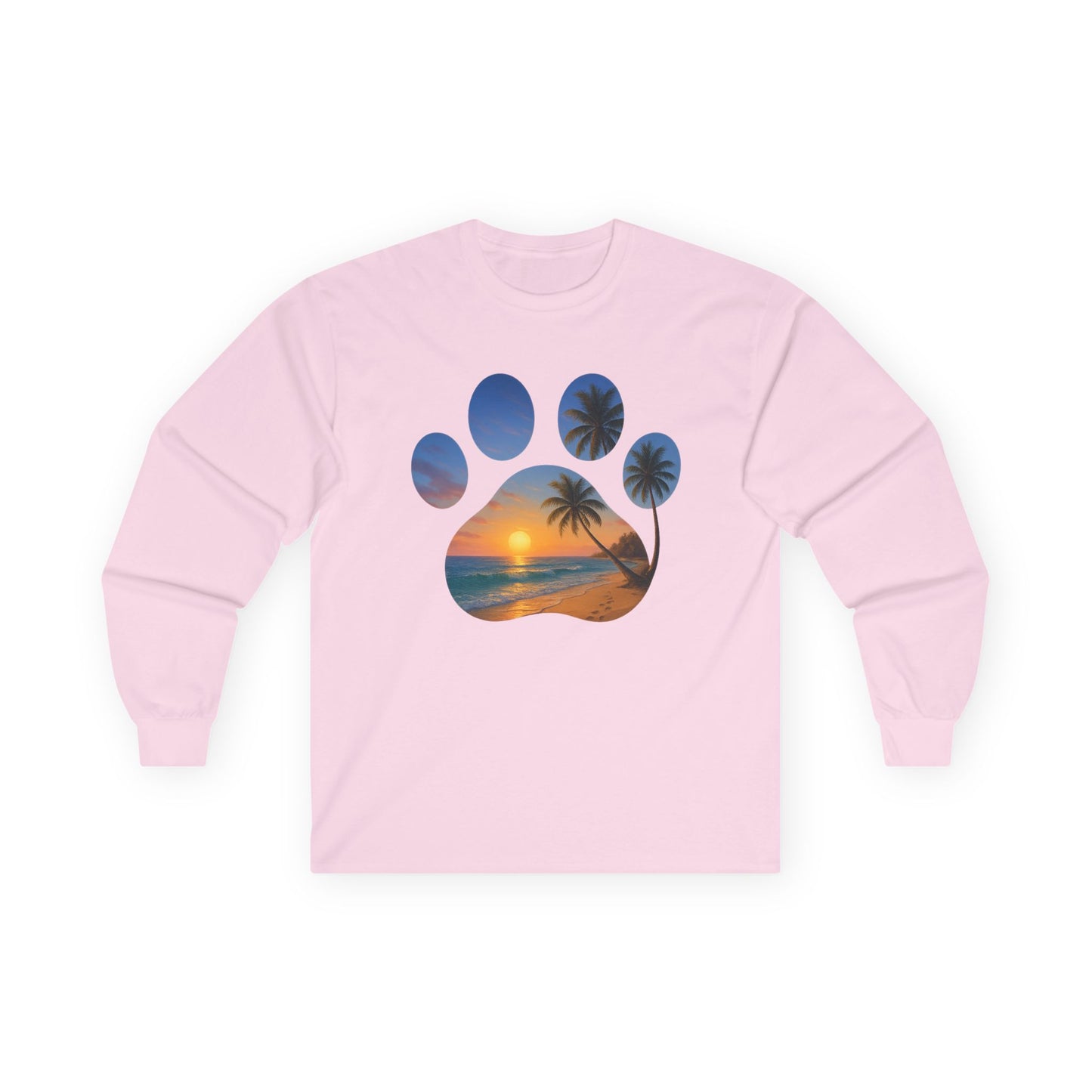 Sunset Palm Tree Paw Print Long Sleeve Tee, Unisex Pet Lover Shirt, Beach Vibes T-Shirt, Dog Lover Gift, Eco-Friendly Apparel
