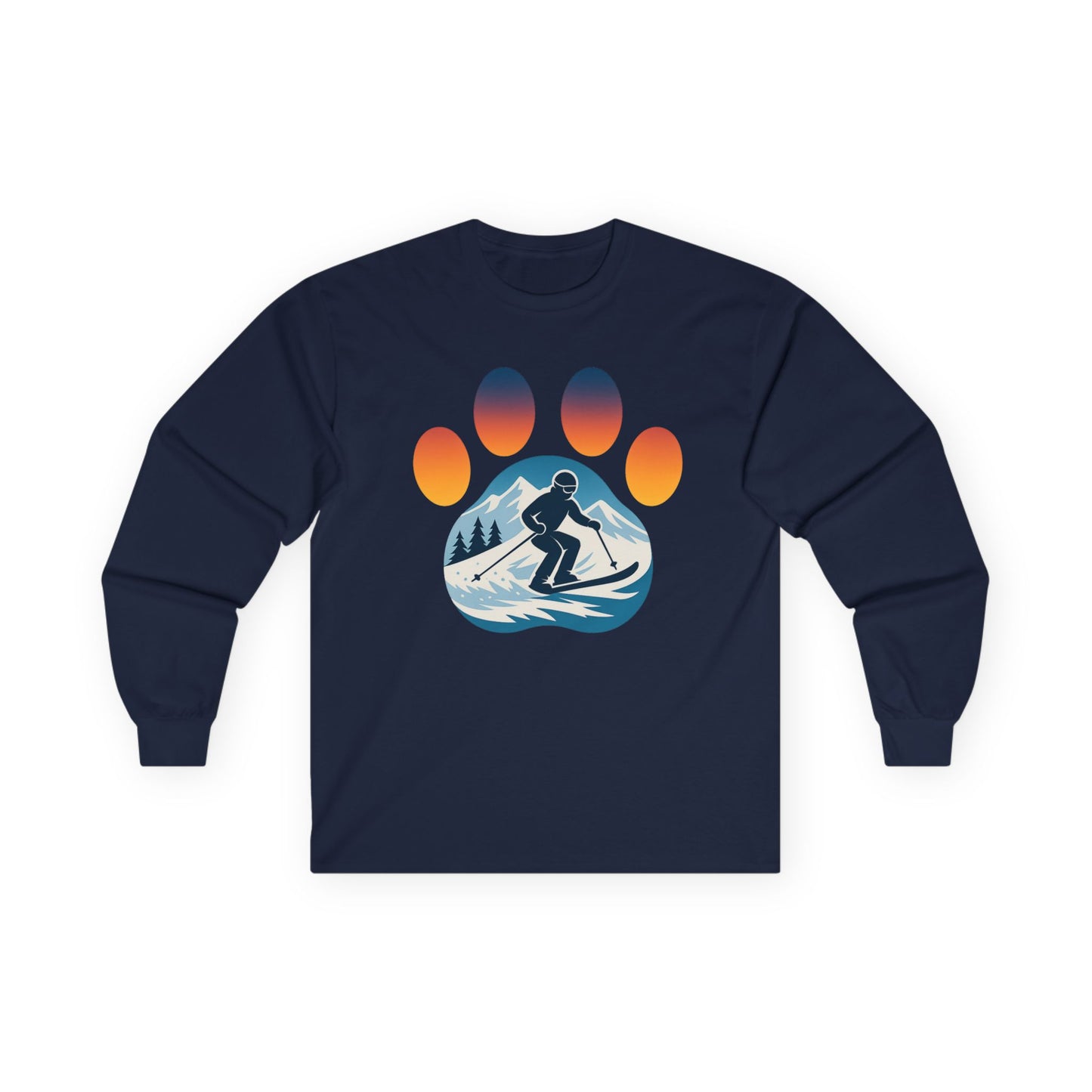 Sunset Skiing Graphic Long Sleeve Tee, Unisex Cotton Shirt, Outdoor Adventure Apparel, Winter Sports Gift, Nature Lover Clothing