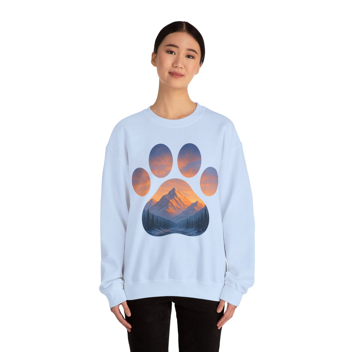 Mountain Sunset Paw Print Sweatshirt | Cozy Unisex Crewneck for Dog Lovers, Nature Enthusiasts, Gifts, Casual Wear, Animal Themes