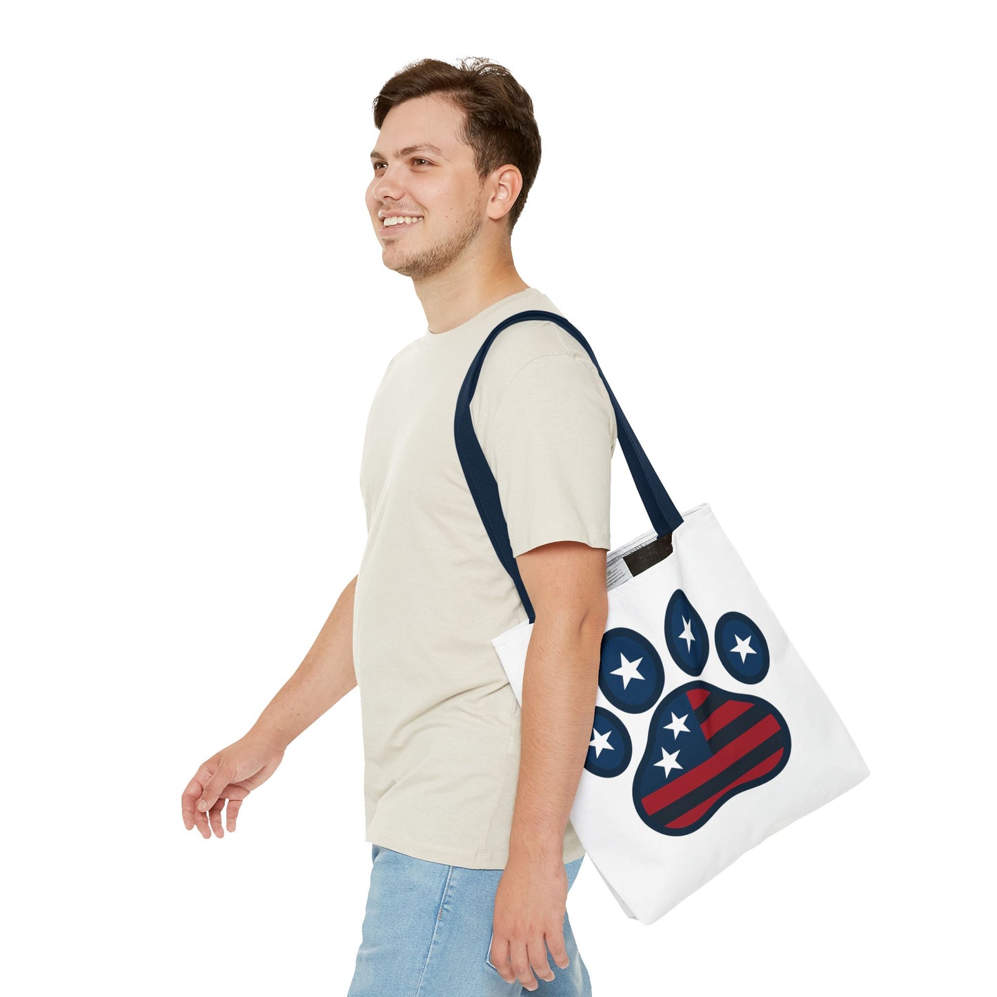 Patriotic Dog Paw Tote Bag | USA Flag Inspired | Perfect for Pet Lovers, Independence Day, Gift for Dog Moms, Eco-Friendly, AOP