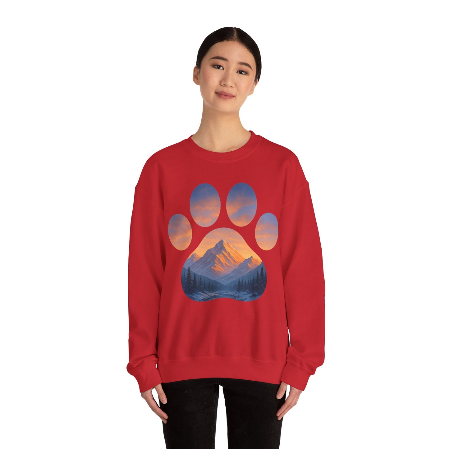 Mountain Sunset Paw Print Sweatshirt | Cozy Unisex Crewneck for Dog Lovers, Nature Enthusiasts, Gifts, Casual Wear, Animal Themes