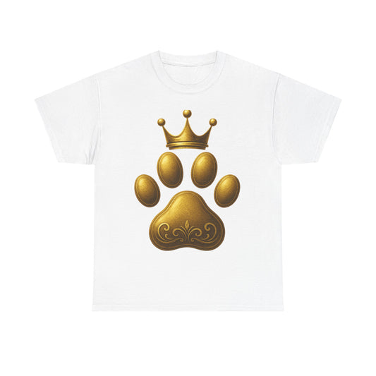 Golden Paw Print Unisex Heavy Cotton Tee | Pet Lover Shirt, Animal King Crown Tee, Gift for Dog Owners, Casual Daily Wear, Funny Pet Shirt