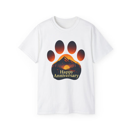 Happy Anniversary Paw Print Tee, Dog Lover Gift, Unisex Cotton T-Shirt, Pet Anniversary Apparel, Animal Lover Shirt