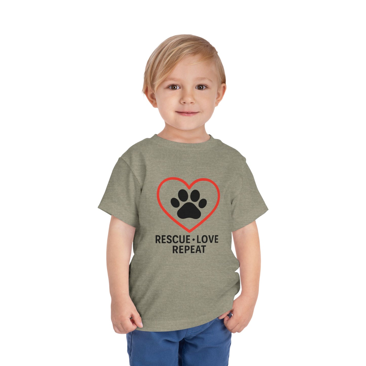 Rescue Love Repeat Toddler Tee, Kids Animal Lover Shirt, Adoption Support T-Shirt, Perfect Gift for Pet Lovers, Heart Paw Print Tee