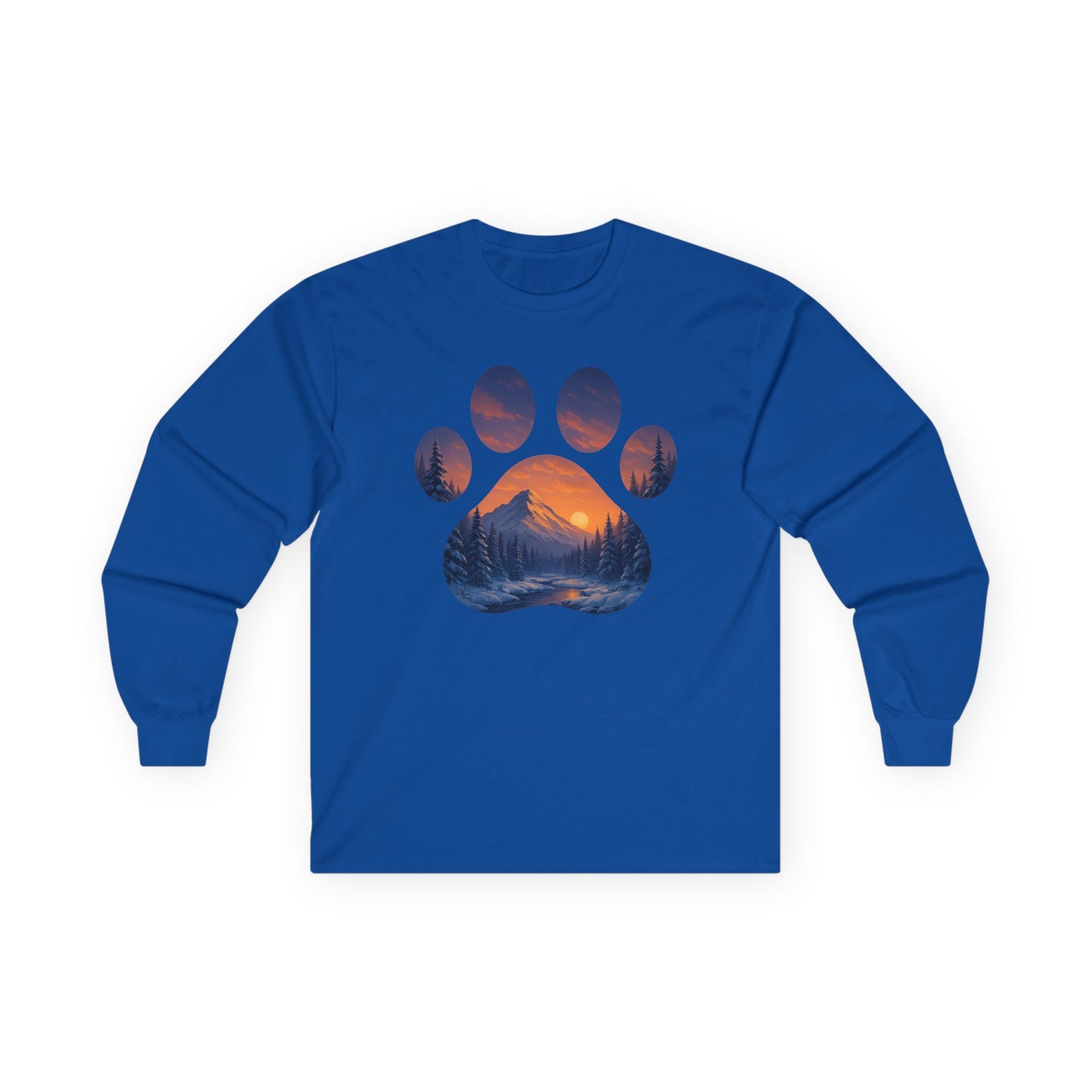 Mountain Sunset Paw Print Long Sleeve Tee - Nature Lover Gift, Pet Paw Tee, Cozy Wildlife Shirt, Casual Unisex Apparel, Gift for Dog Lovers