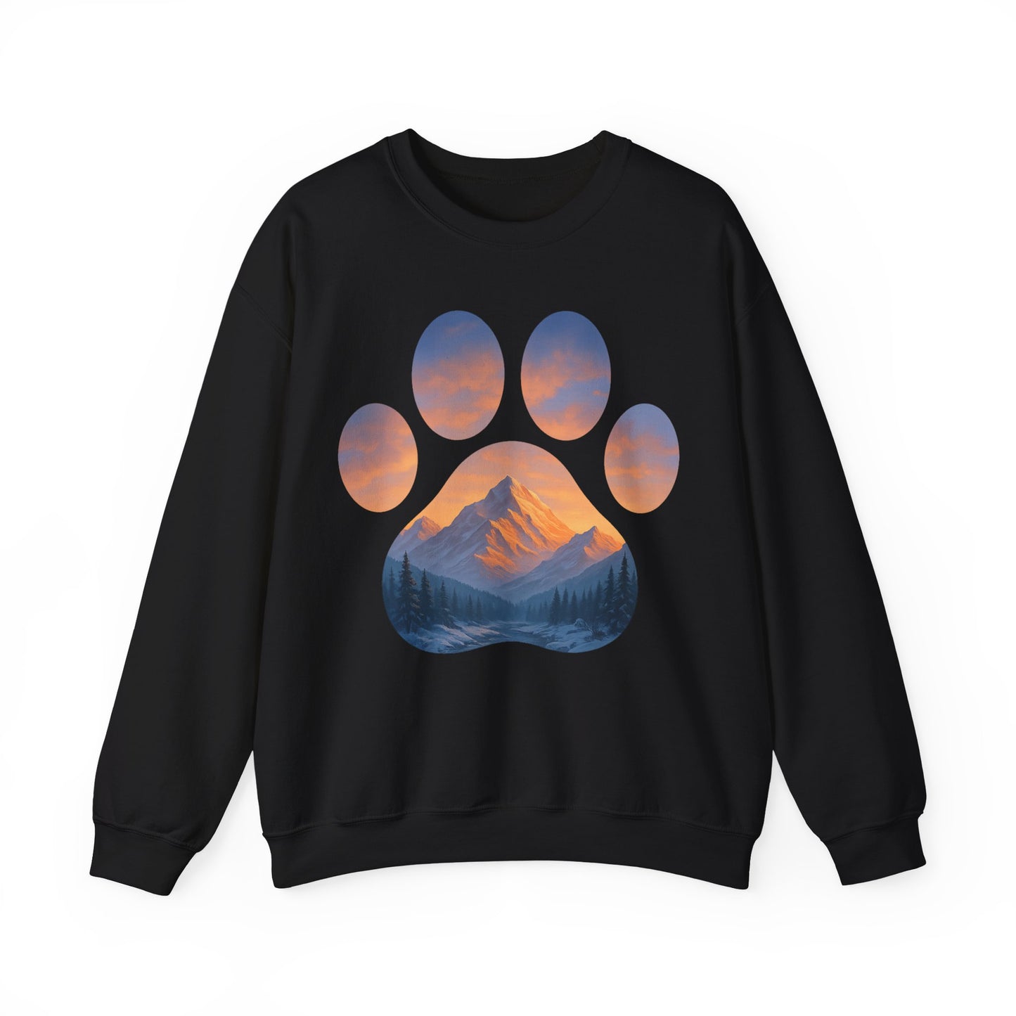 Mountain Sunset Paw Print Sweatshirt | Cozy Unisex Crewneck for Dog Lovers, Nature Enthusiasts, Gifts, Casual Wear, Animal Themes