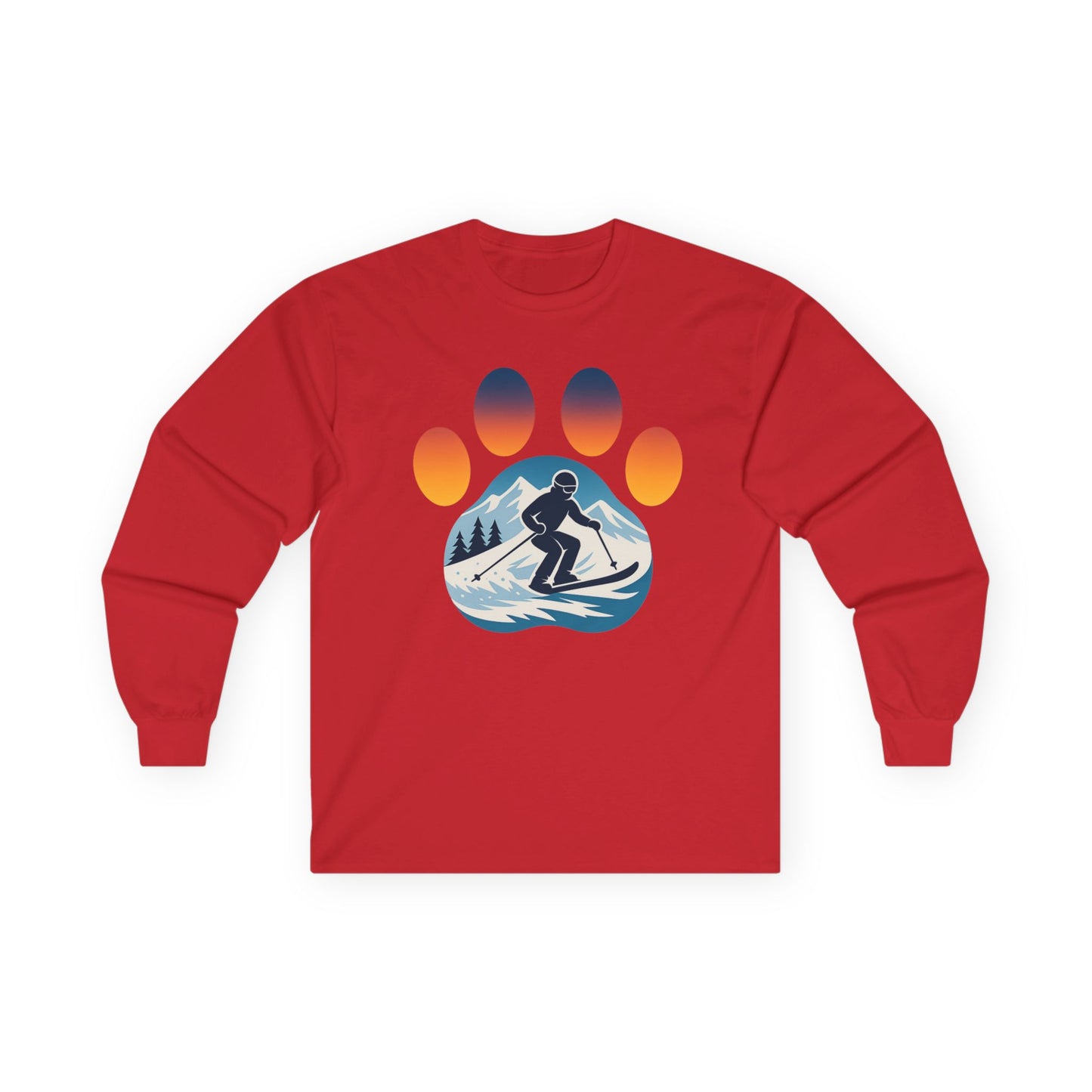 Sunset Skiing Graphic Long Sleeve Tee, Unisex Cotton Shirt, Outdoor Adventure Apparel, Winter Sports Gift, Nature Lover Clothing