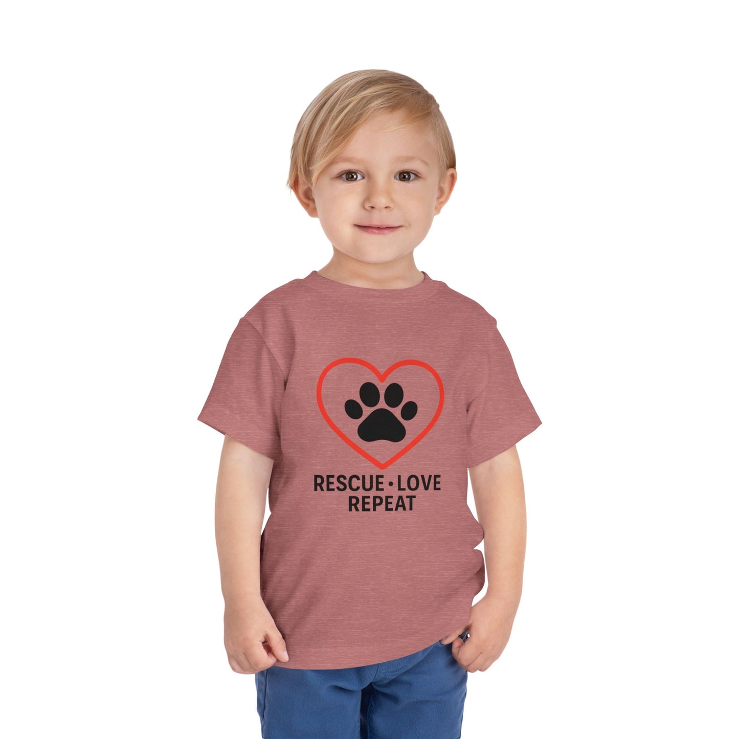 Rescue Love Repeat Toddler Tee, Kids Animal Lover Shirt, Adoption Support T-Shirt, Perfect Gift for Pet Lovers, Heart Paw Print Tee