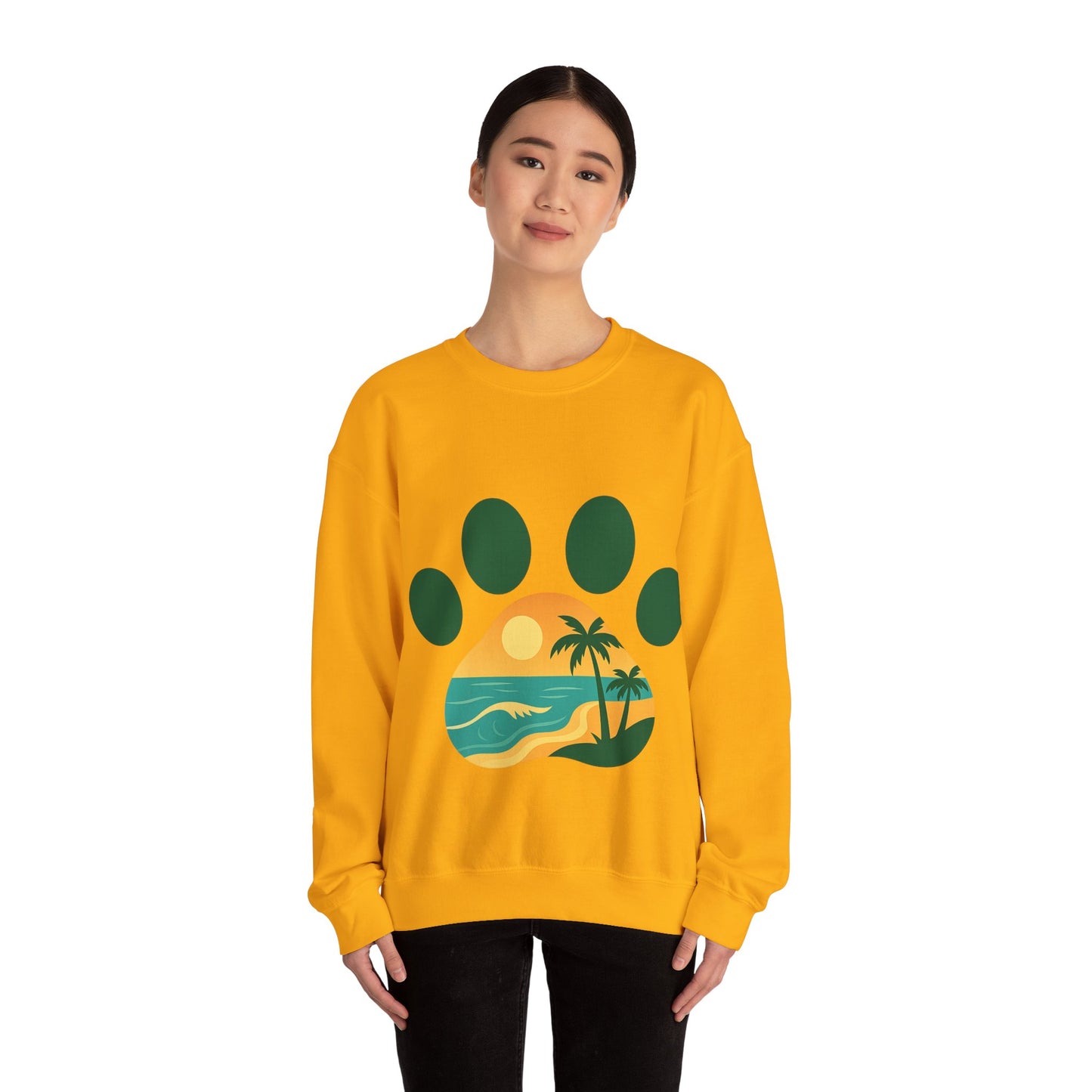 Beach Sunset Paw Print Sweatshirt, Cozy Animal Lover Crewneck, Gift for Pet Owners, Perfect for Casual Outings, Nature-Inspired Apparel