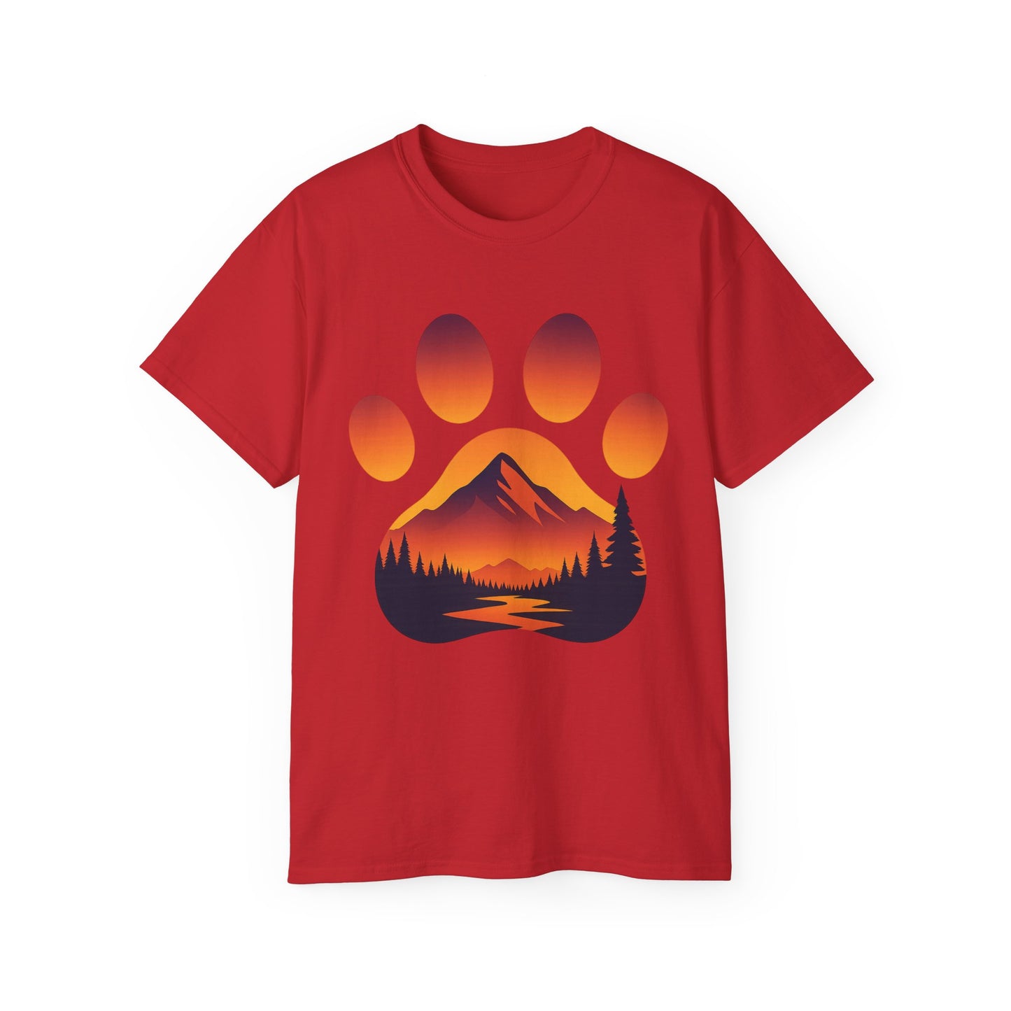 Mountain Sunset Paw Print Tee, Perfect for Dog Lovers, Gifts for Pet Owners, Nature Lovers, Hiking Apparel, Casual Wear