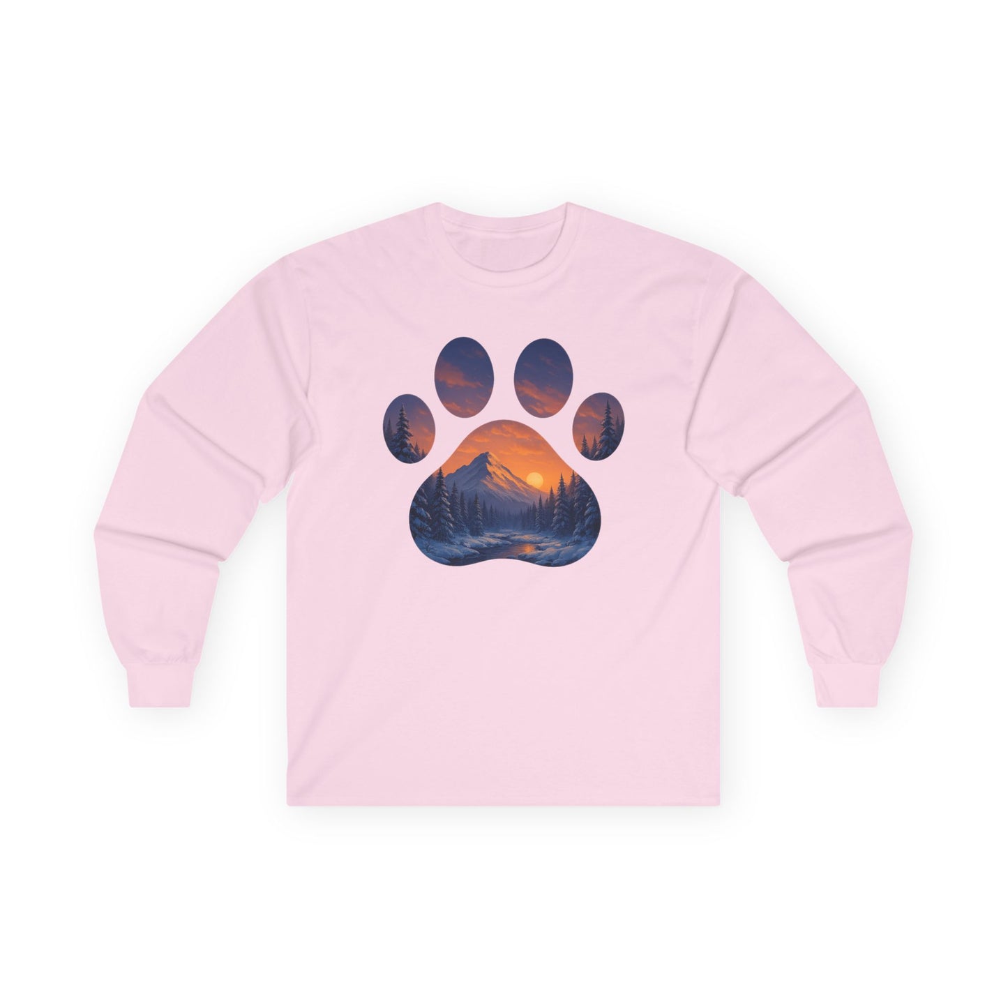 Mountain Sunset Paw Print Long Sleeve Tee - Nature Lover Gift, Pet Paw Tee, Cozy Wildlife Shirt, Casual Unisex Apparel, Gift for Dog Lovers