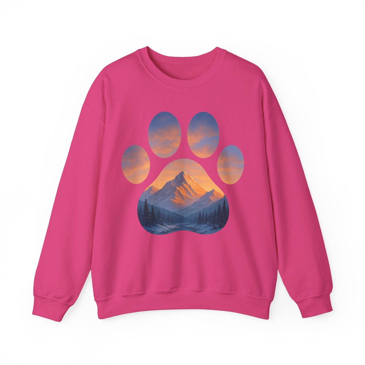 Mountain Sunset Paw Print Sweatshirt | Cozy Unisex Crewneck for Dog Lovers, Nature Enthusiasts, Gifts, Casual Wear, Animal Themes