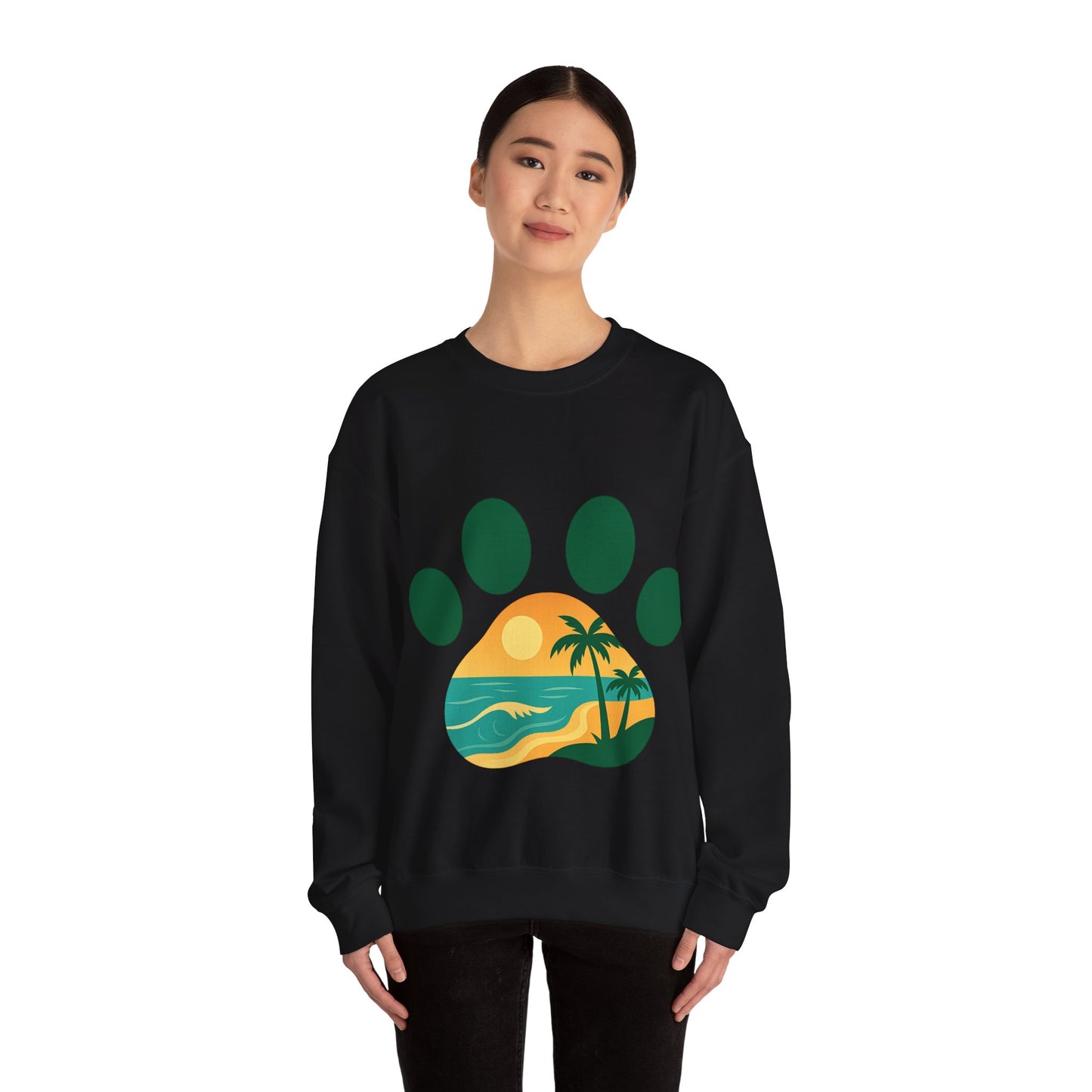 Beach Sunset Paw Print Sweatshirt, Cozy Animal Lover Crewneck, Gift for Pet Owners, Perfect for Casual Outings, Nature-Inspired Apparel