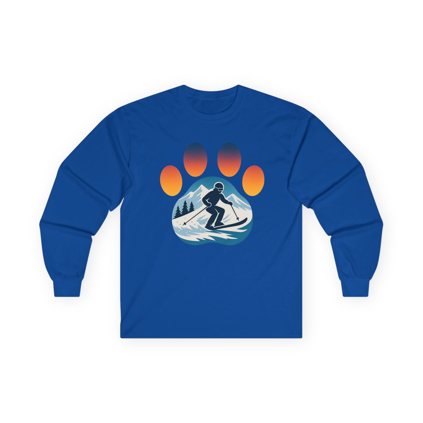 Sunset Skiing Graphic Long Sleeve Tee, Unisex Cotton Shirt, Outdoor Adventure Apparel, Winter Sports Gift, Nature Lover Clothing