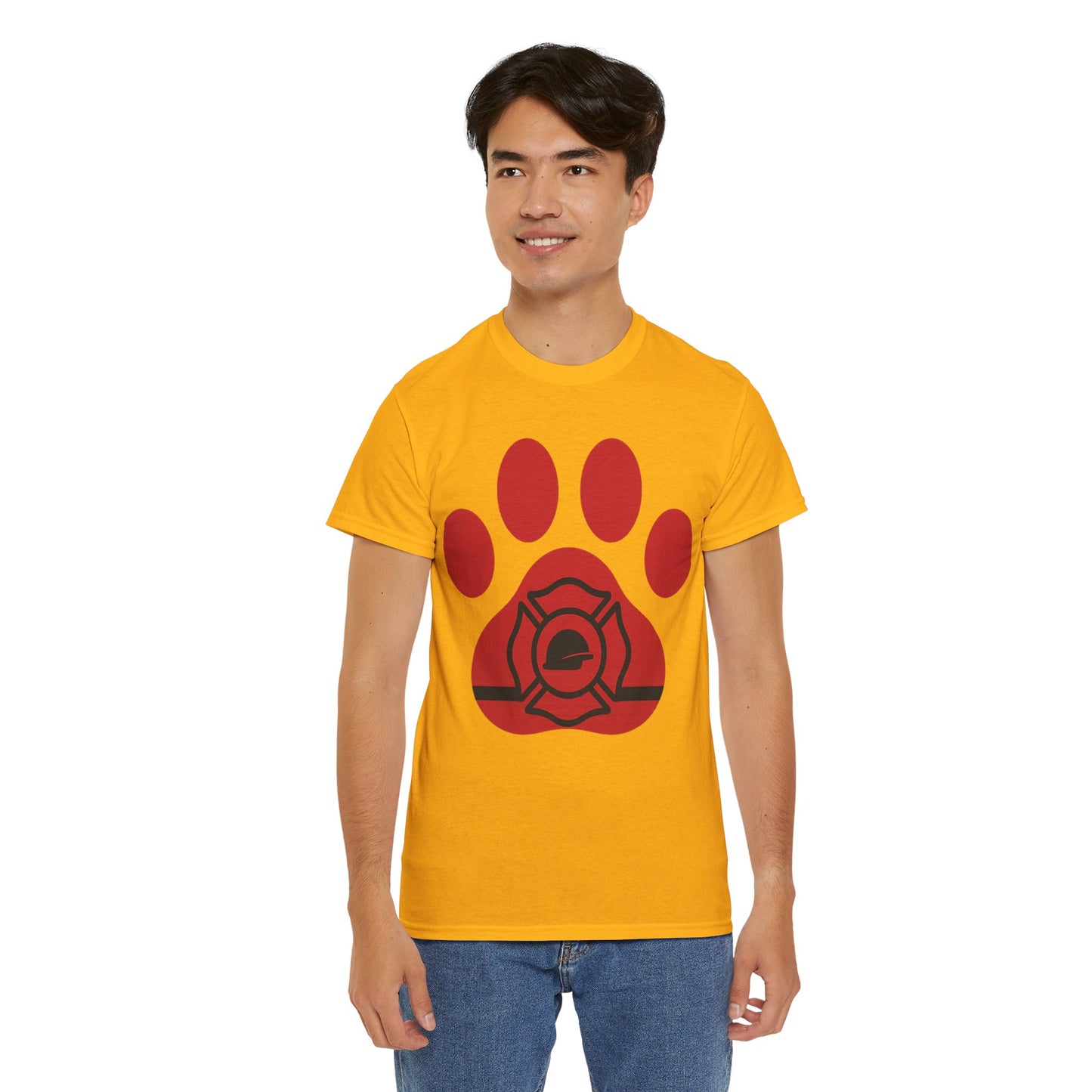 Firefighter Paw Print Tee, Unisex Heavy Cotton T-Shirt, Animal Lover Gift, Firefighter Appreciation, Casual Wear, Pet Lover Apparel