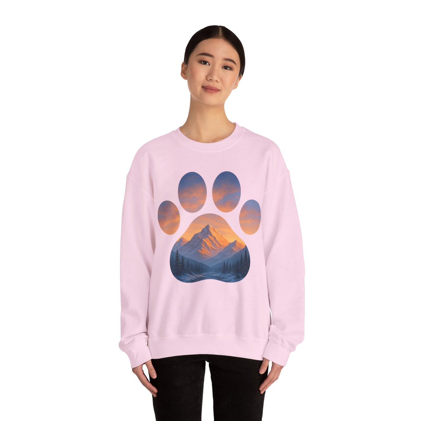 Mountain Sunset Paw Print Sweatshirt | Cozy Unisex Crewneck for Dog Lovers, Nature Enthusiasts, Gifts, Casual Wear, Animal Themes