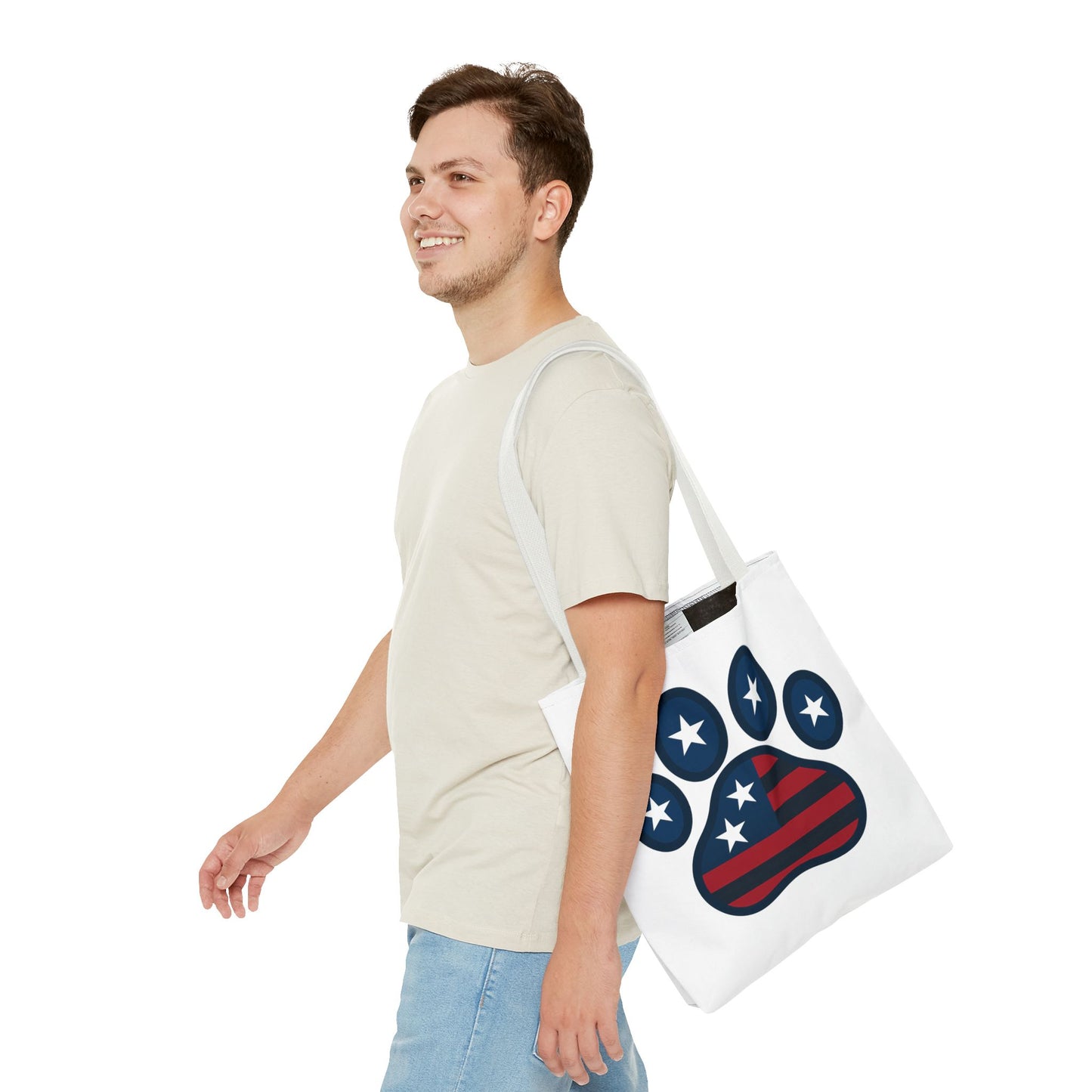 Patriotic Dog Paw Tote Bag | USA Flag Inspired | Perfect for Pet Lovers, Independence Day, Gift for Dog Moms, Eco-Friendly, AOP
