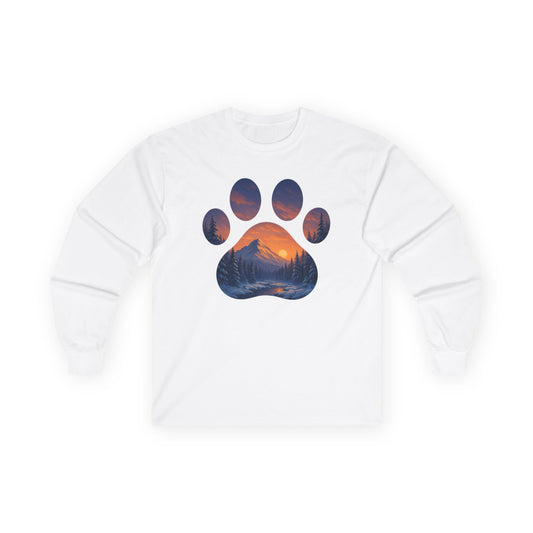 Mountain Sunset Paw Print Long Sleeve Tee - Nature Lover Gift, Pet Paw Tee, Cozy Wildlife Shirt, Casual Unisex Apparel, Gift for Dog Lovers