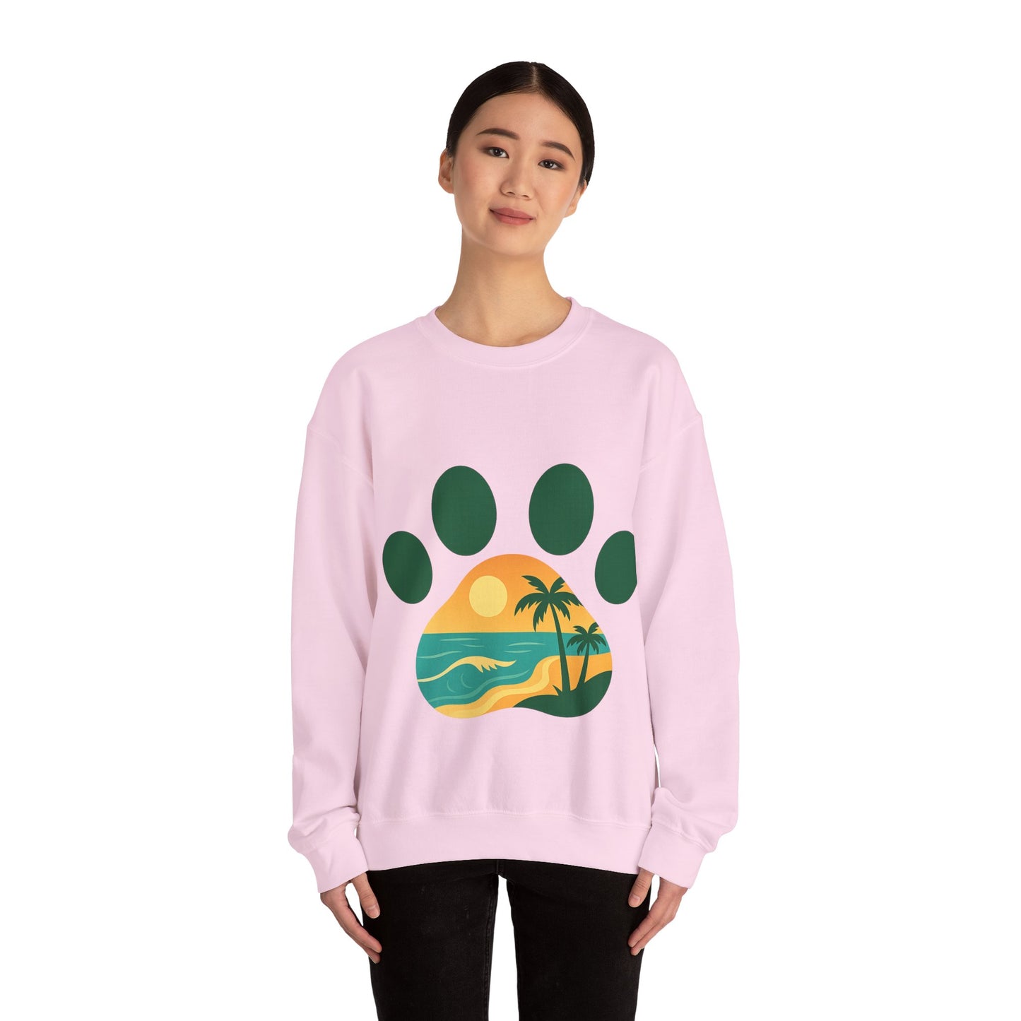 Beach Sunset Paw Print Sweatshirt, Cozy Animal Lover Crewneck, Gift for Pet Owners, Perfect for Casual Outings, Nature-Inspired Apparel