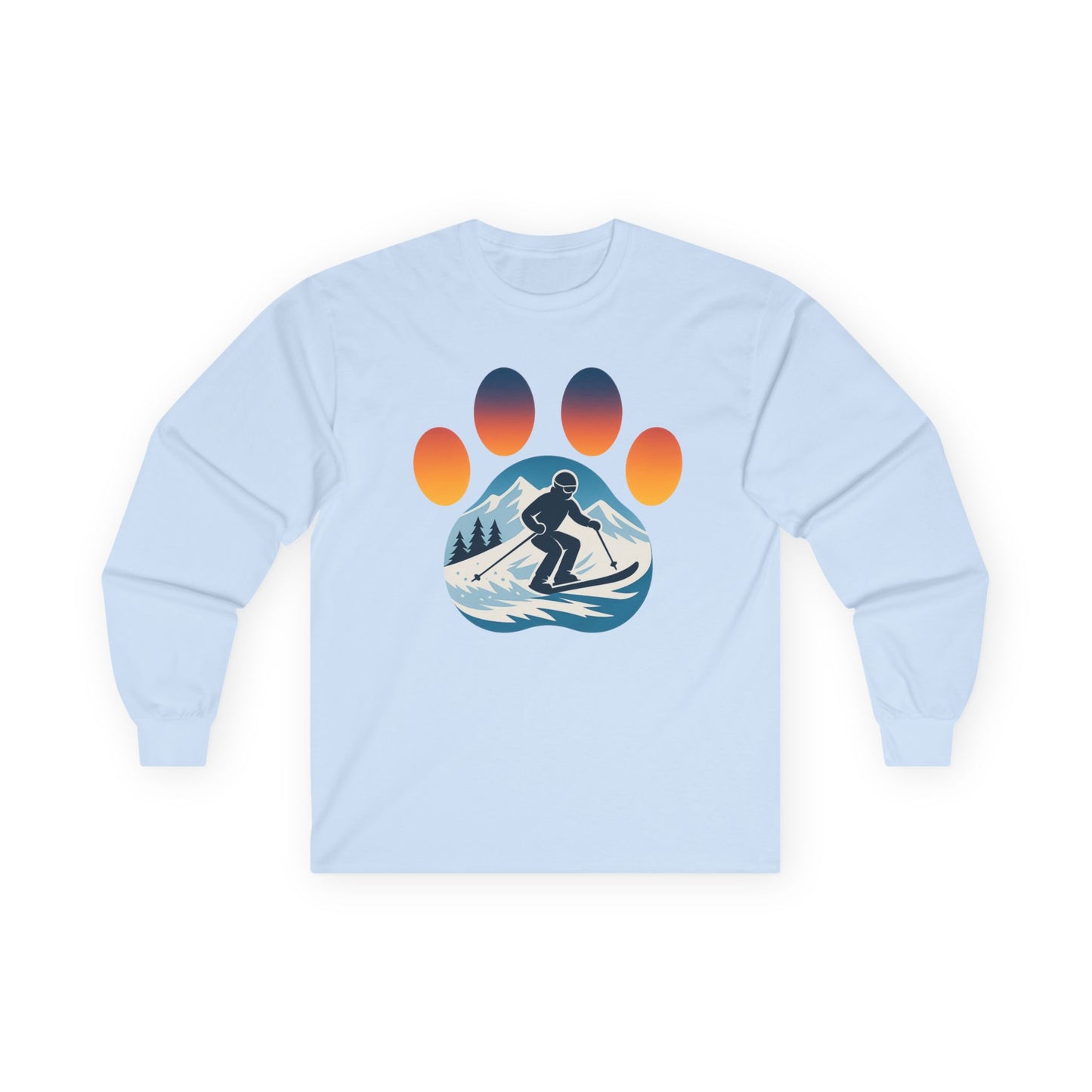 Sunset Skiing Graphic Long Sleeve Tee, Unisex Cotton Shirt, Outdoor Adventure Apparel, Winter Sports Gift, Nature Lover Clothing