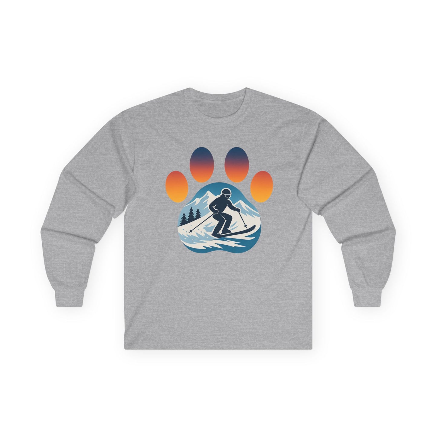 Sunset Skiing Graphic Long Sleeve Tee, Unisex Cotton Shirt, Outdoor Adventure Apparel, Winter Sports Gift, Nature Lover Clothing