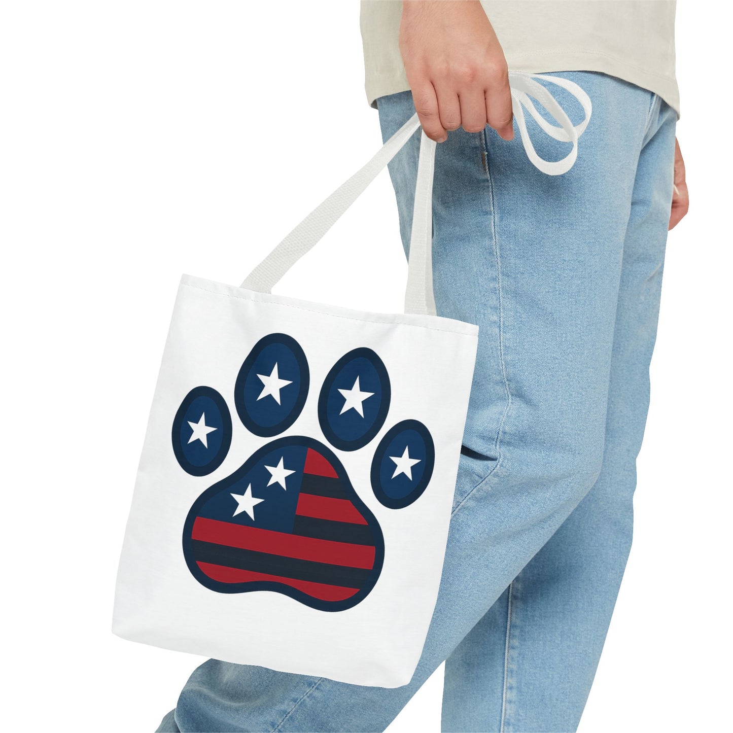 Patriotic Dog Paw Tote Bag | USA Flag Inspired | Perfect for Pet Lovers, Independence Day, Gift for Dog Moms, Eco-Friendly, AOP