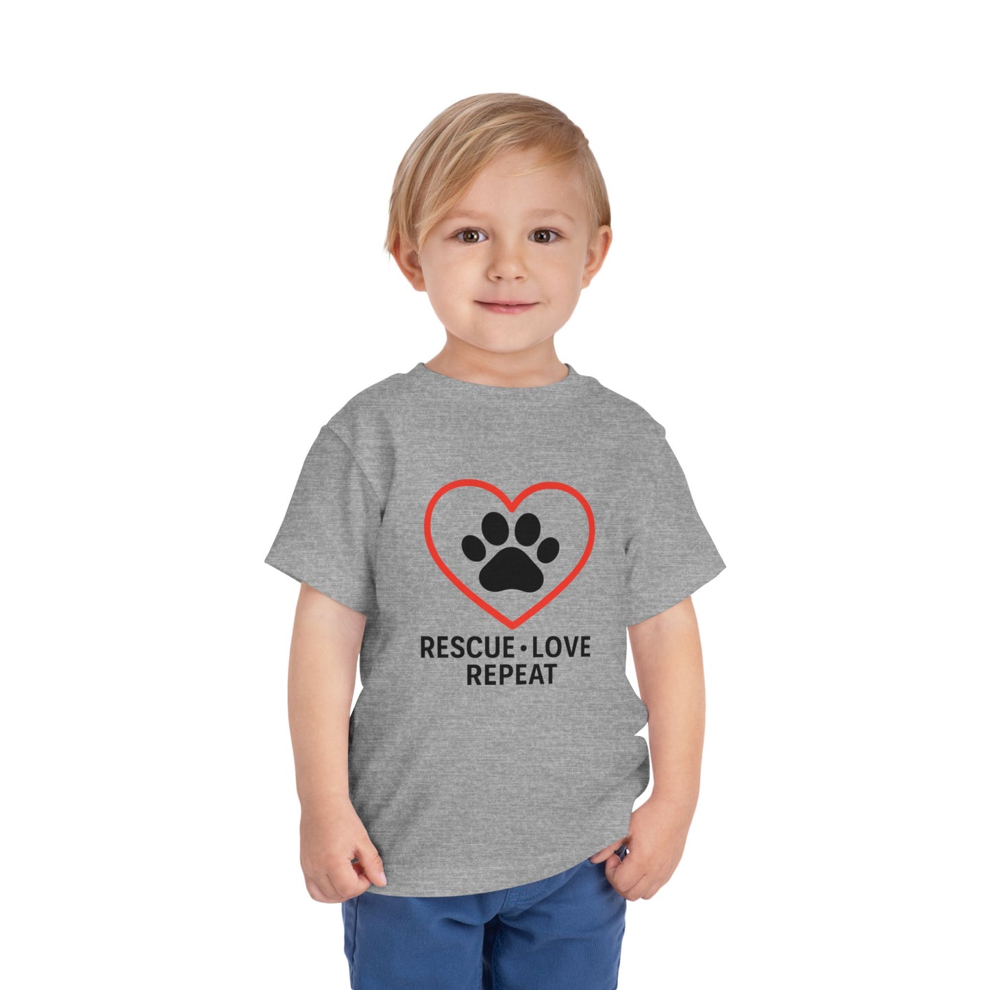 Rescue Love Repeat Toddler Tee, Kids Animal Lover Shirt, Adoption Support T-Shirt, Perfect Gift for Pet Lovers, Heart Paw Print Tee