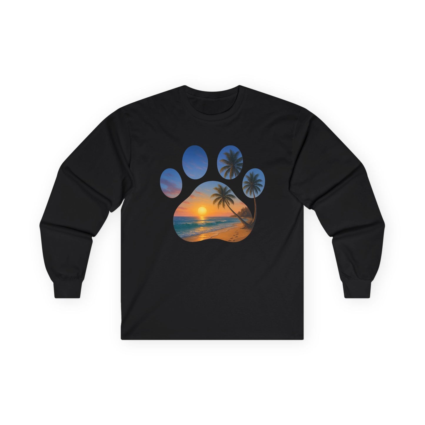 Sunset Palm Tree Paw Print Long Sleeve Tee, Unisex Pet Lover Shirt, Beach Vibes T-Shirt, Dog Lover Gift, Eco-Friendly Apparel