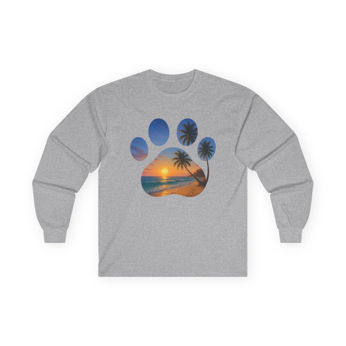 Sunset Palm Tree Paw Print Long Sleeve Tee, Unisex Pet Lover Shirt, Beach Vibes T-Shirt, Dog Lover Gift, Eco-Friendly Apparel