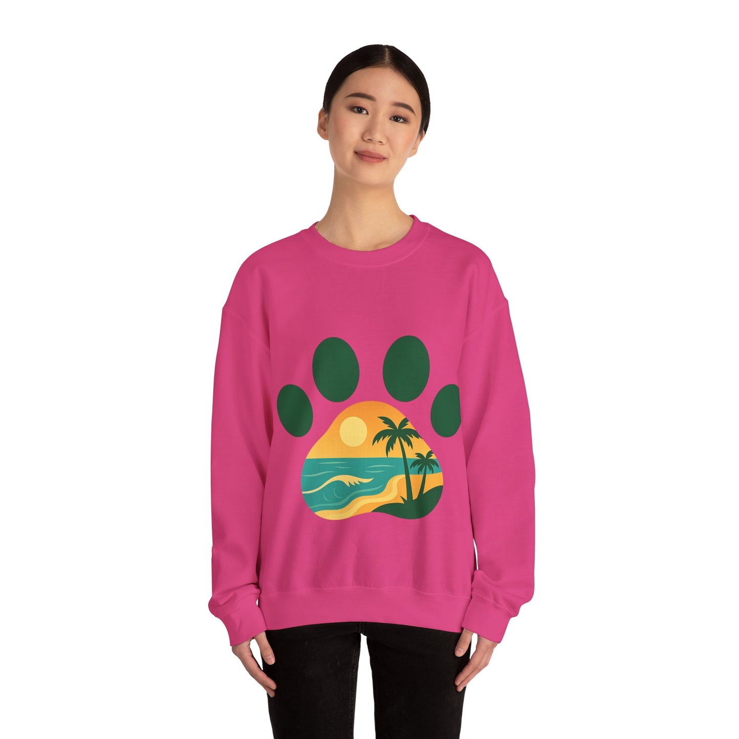 Beach Sunset Paw Print Sweatshirt, Cozy Animal Lover Crewneck, Gift for Pet Owners, Perfect for Casual Outings, Nature-Inspired Apparel