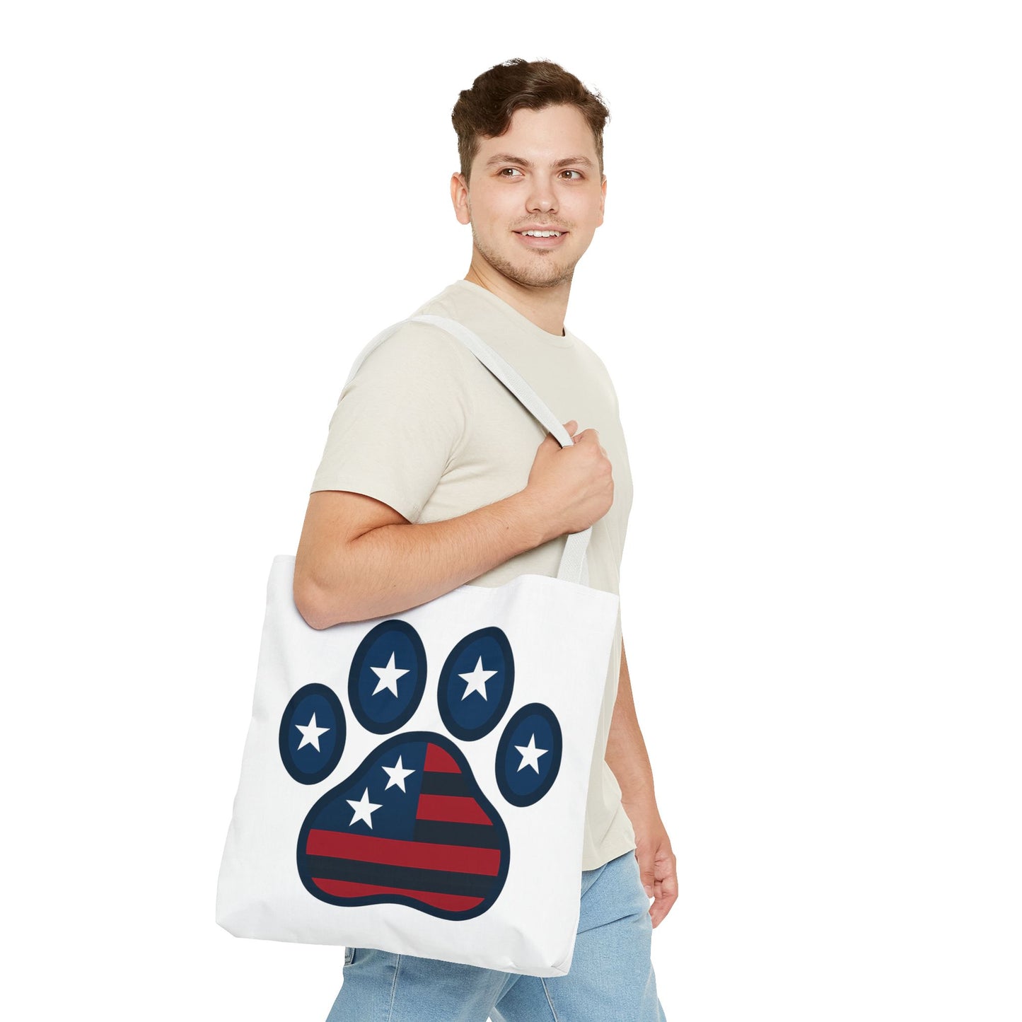 Patriotic Dog Paw Tote Bag | USA Flag Inspired | Perfect for Pet Lovers, Independence Day, Gift for Dog Moms, Eco-Friendly, AOP