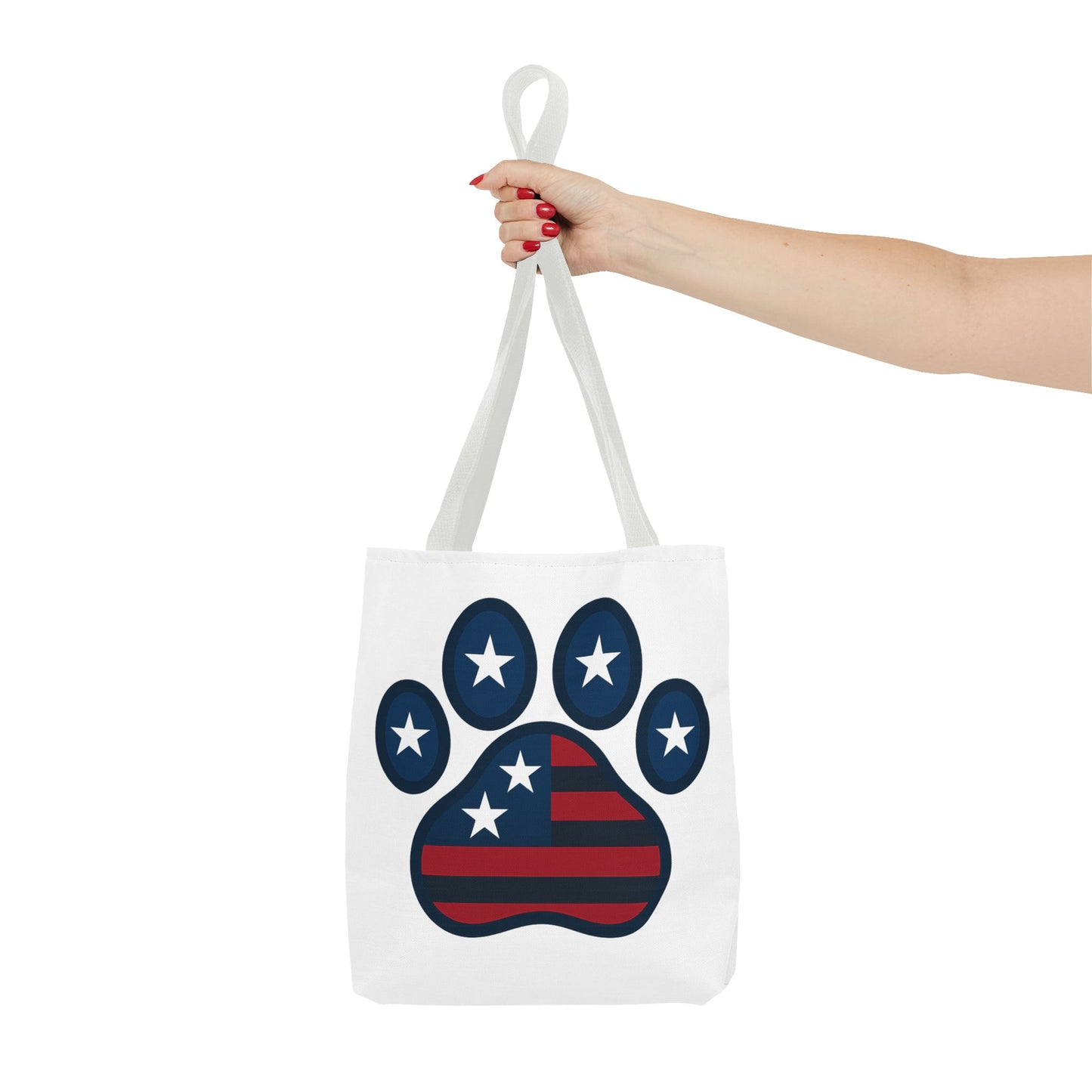 Patriotic Dog Paw Tote Bag | USA Flag Inspired | Perfect for Pet Lovers, Independence Day, Gift for Dog Moms, Eco-Friendly, AOP