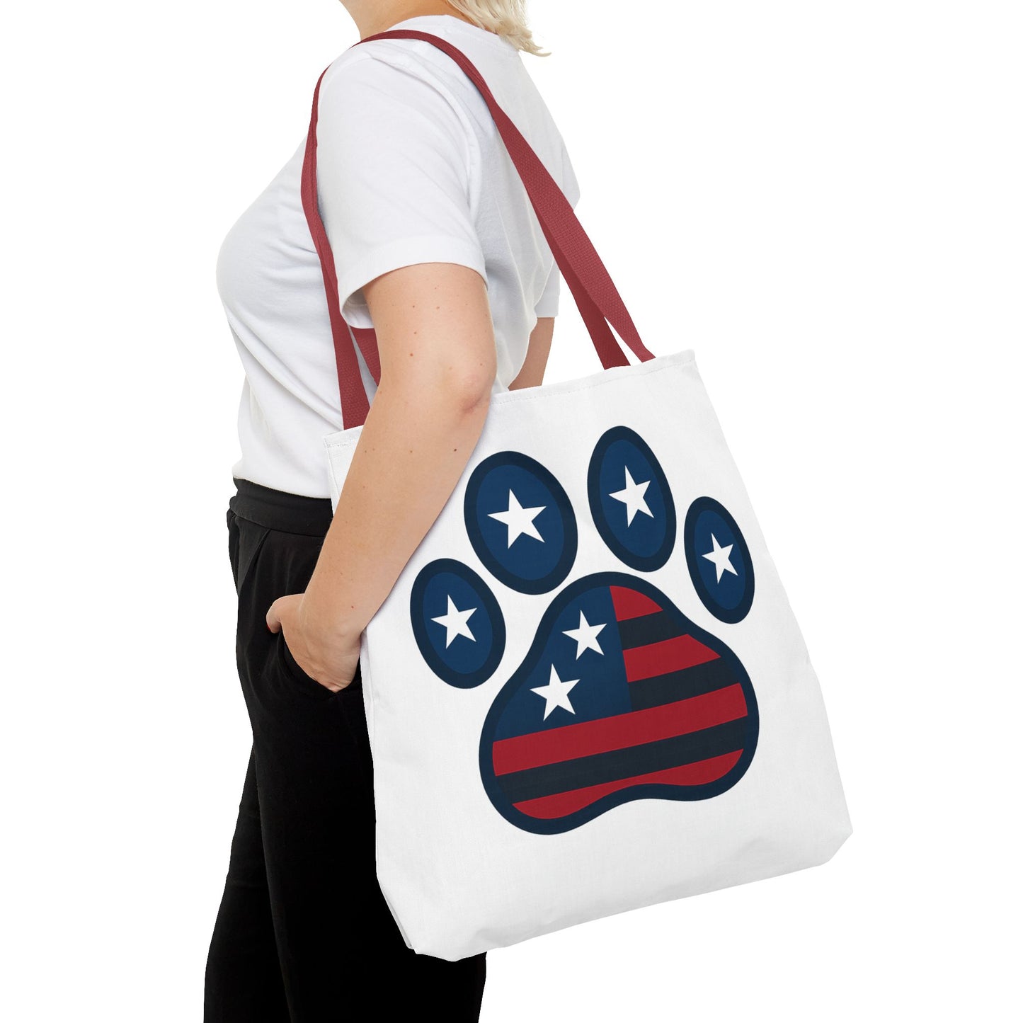 Patriotic Dog Paw Tote Bag | USA Flag Inspired | Perfect for Pet Lovers, Independence Day, Gift for Dog Moms, Eco-Friendly, AOP
