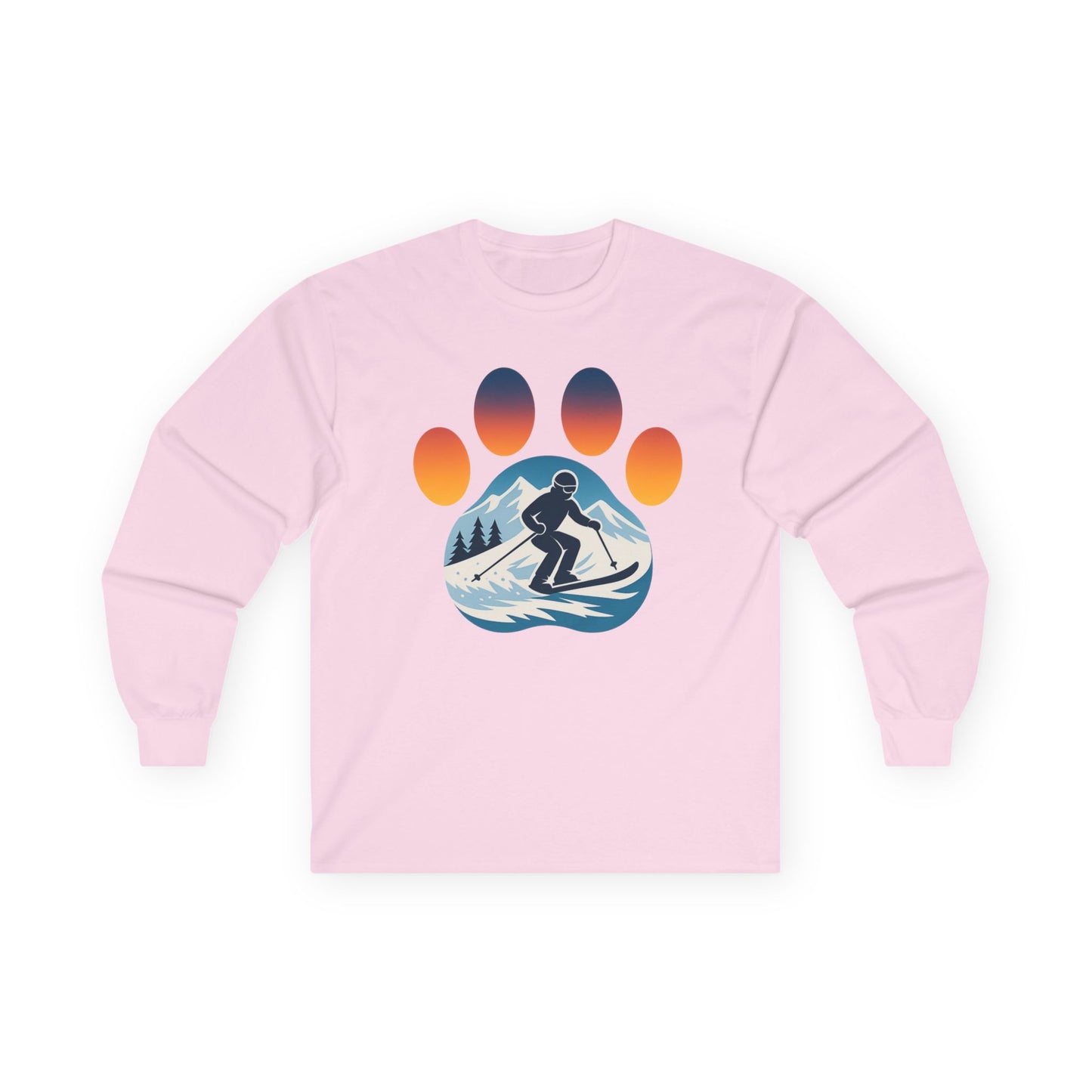 Sunset Skiing Graphic Long Sleeve Tee, Unisex Cotton Shirt, Outdoor Adventure Apparel, Winter Sports Gift, Nature Lover Clothing