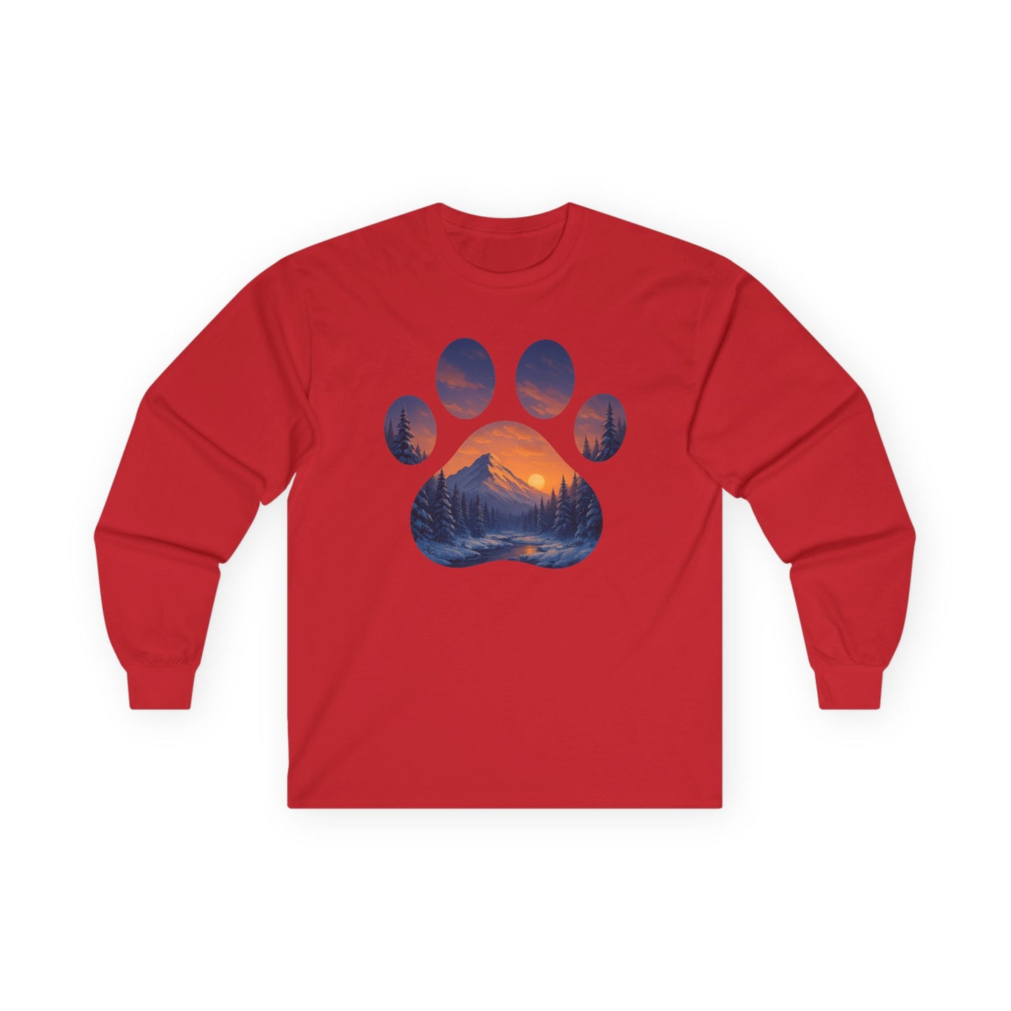Mountain Sunset Paw Print Long Sleeve Tee - Nature Lover Gift, Pet Paw Tee, Cozy Wildlife Shirt, Casual Unisex Apparel, Gift for Dog Lovers