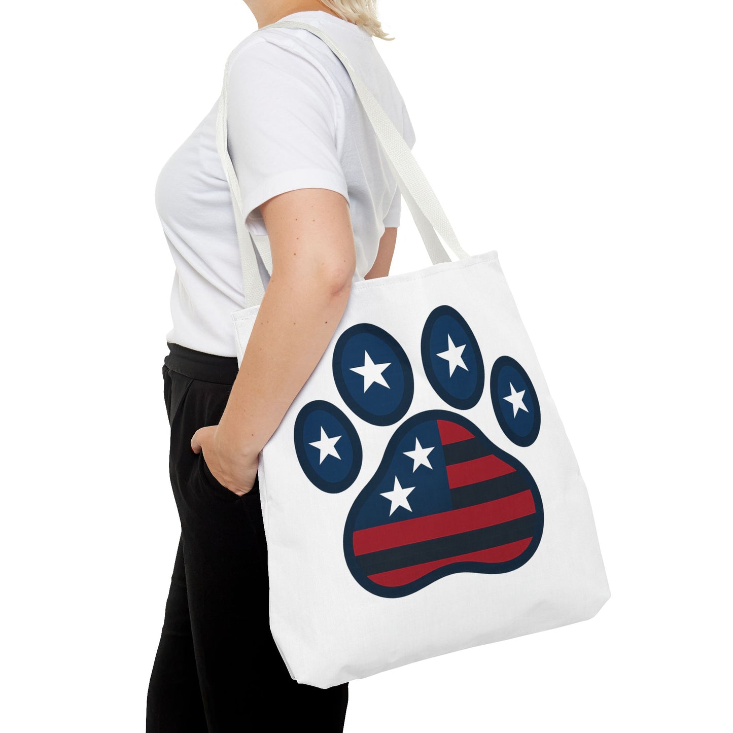 Patriotic Dog Paw Tote Bag | USA Flag Inspired | Perfect for Pet Lovers, Independence Day, Gift for Dog Moms, Eco-Friendly, AOP
