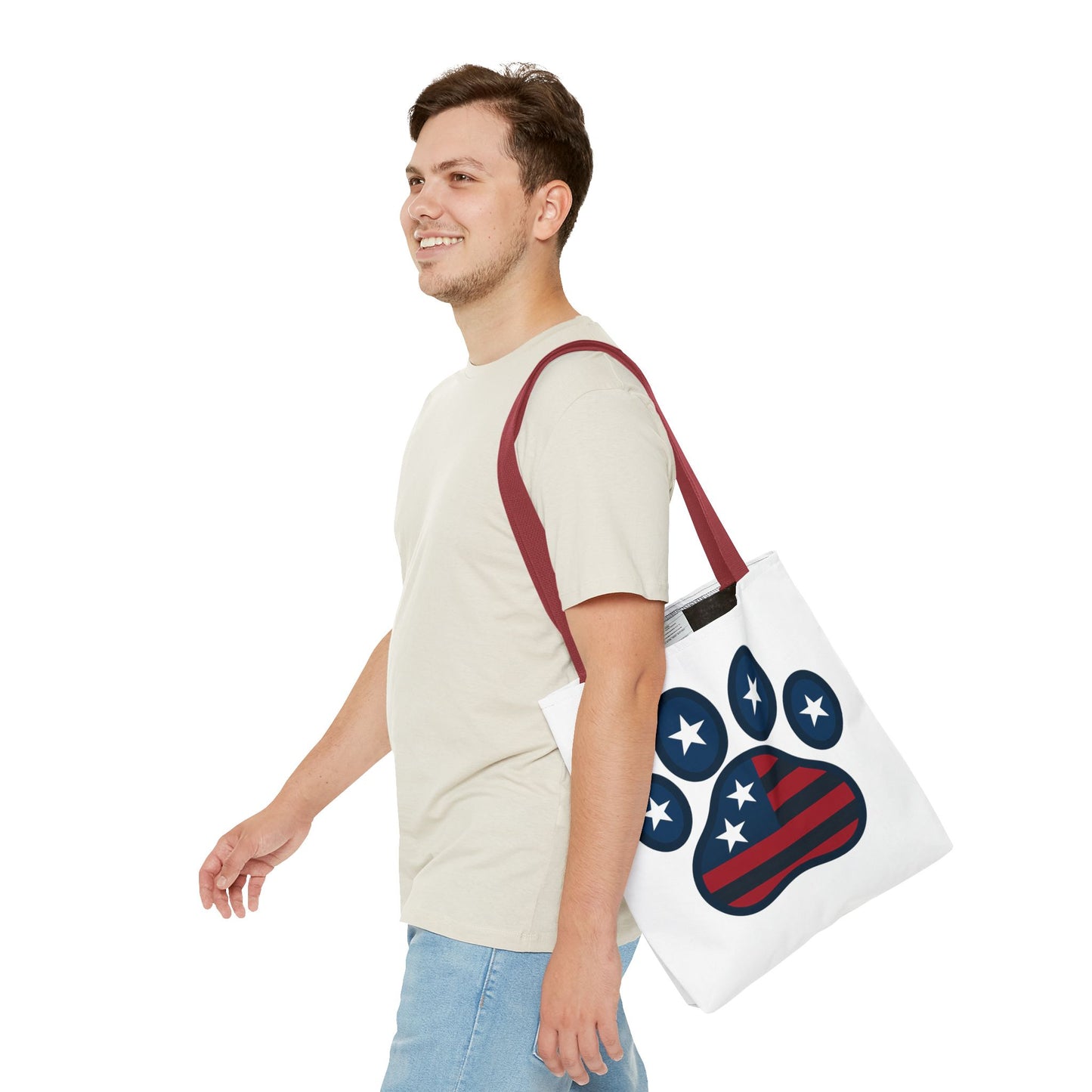 Patriotic Dog Paw Tote Bag | USA Flag Inspired | Perfect for Pet Lovers, Independence Day, Gift for Dog Moms, Eco-Friendly, AOP