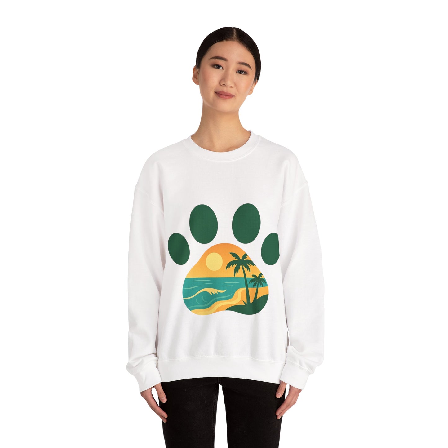 Beach Sunset Paw Print Sweatshirt, Cozy Animal Lover Crewneck, Gift for Pet Owners, Perfect for Casual Outings, Nature-Inspired Apparel