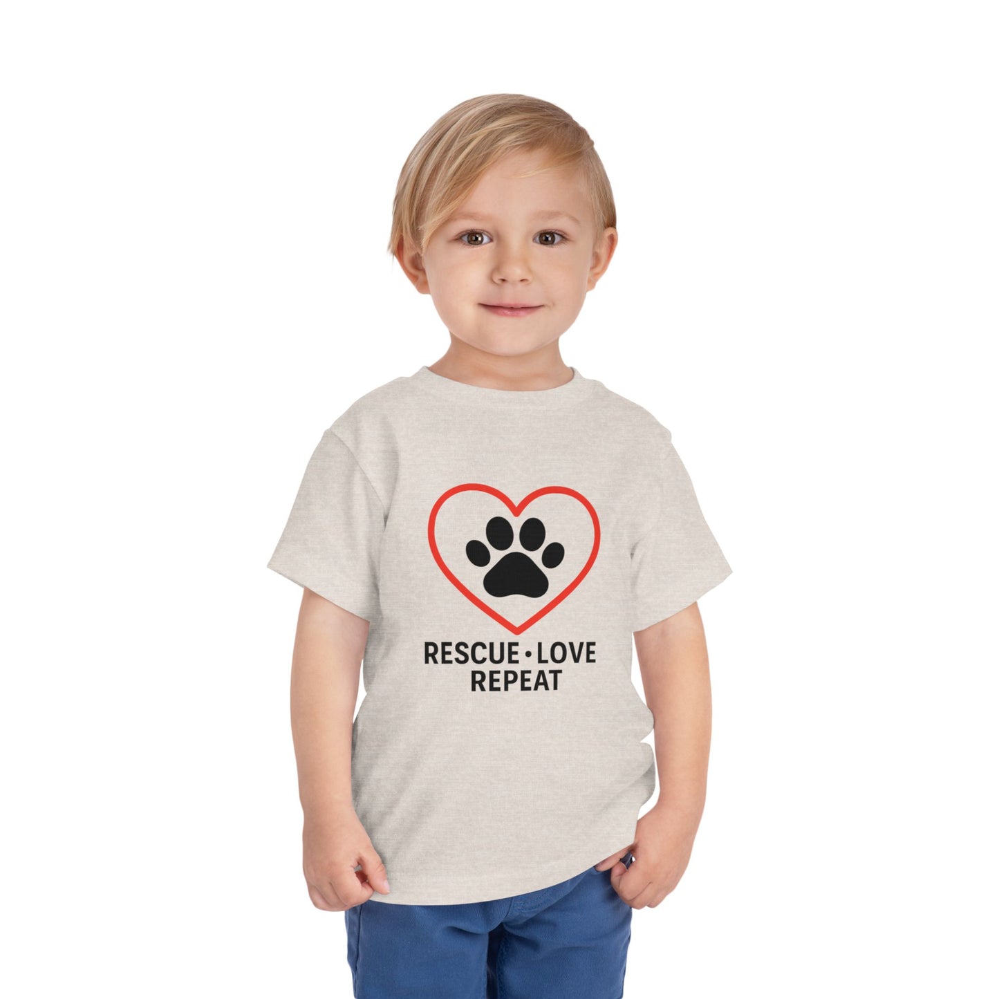 Rescue Love Repeat Toddler Tee, Kids Animal Lover Shirt, Adoption Support T-Shirt, Perfect Gift for Pet Lovers, Heart Paw Print Tee