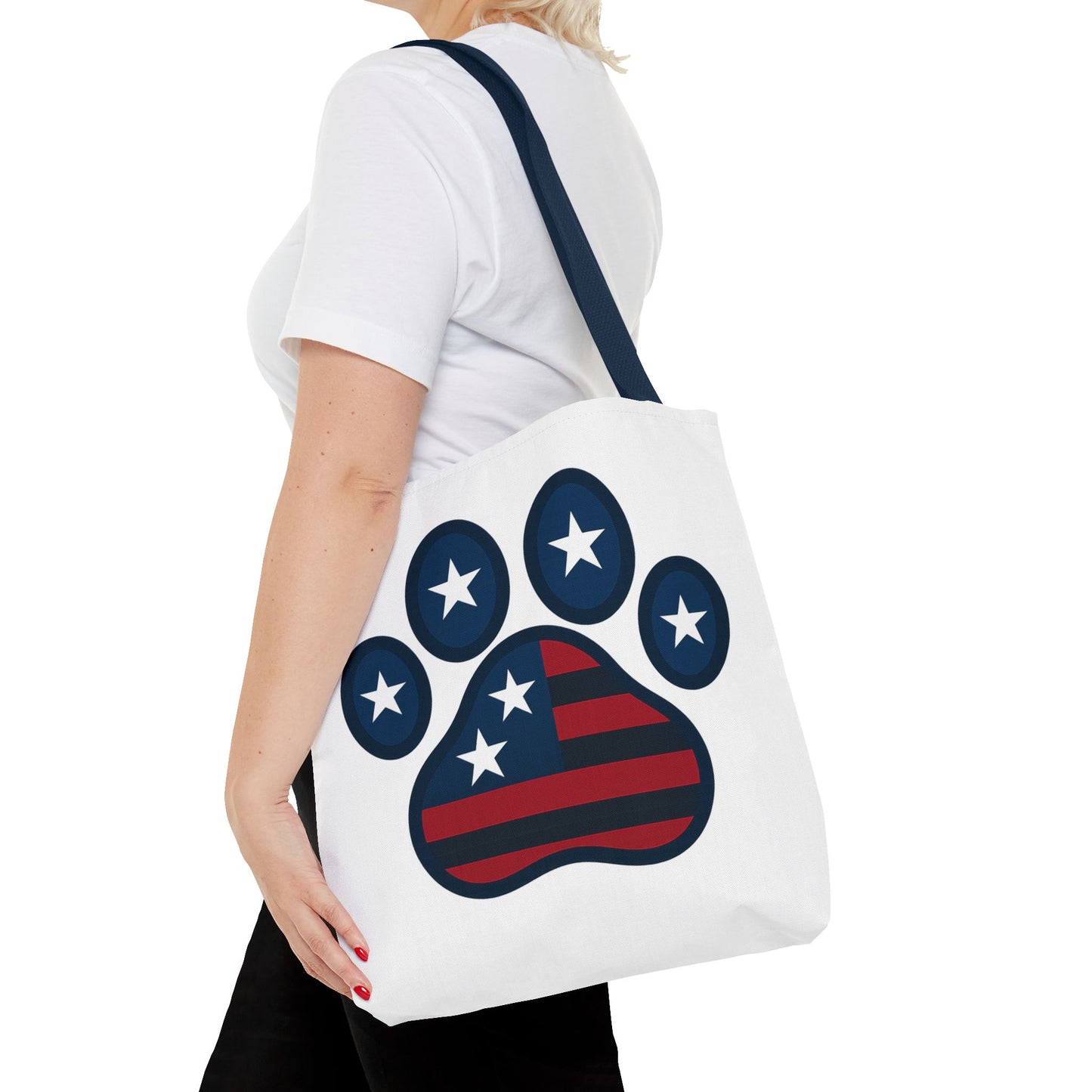 Patriotic Dog Paw Tote Bag | USA Flag Inspired | Perfect for Pet Lovers, Independence Day, Gift for Dog Moms, Eco-Friendly, AOP