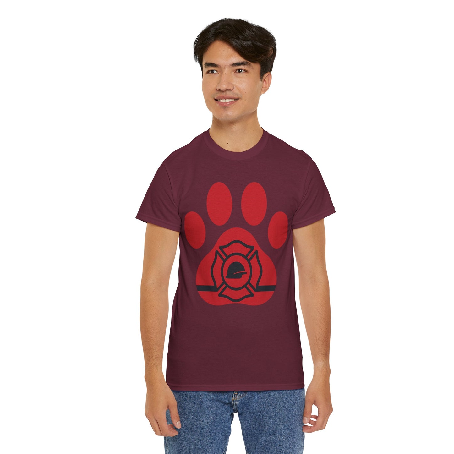 Firefighter Paw Print Tee, Unisex Heavy Cotton T-Shirt, Animal Lover Gift, Firefighter Appreciation, Casual Wear, Pet Lover Apparel