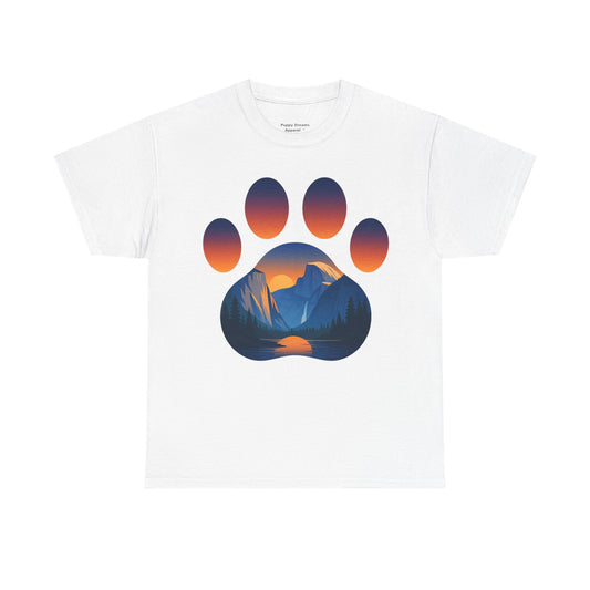 Mountain Sunset Paw Print Tee for Animal Lovers, Unisex Cotton Shirt, Gift for Pet Owners, Nature-Themed T-Shirt, Casual Wear