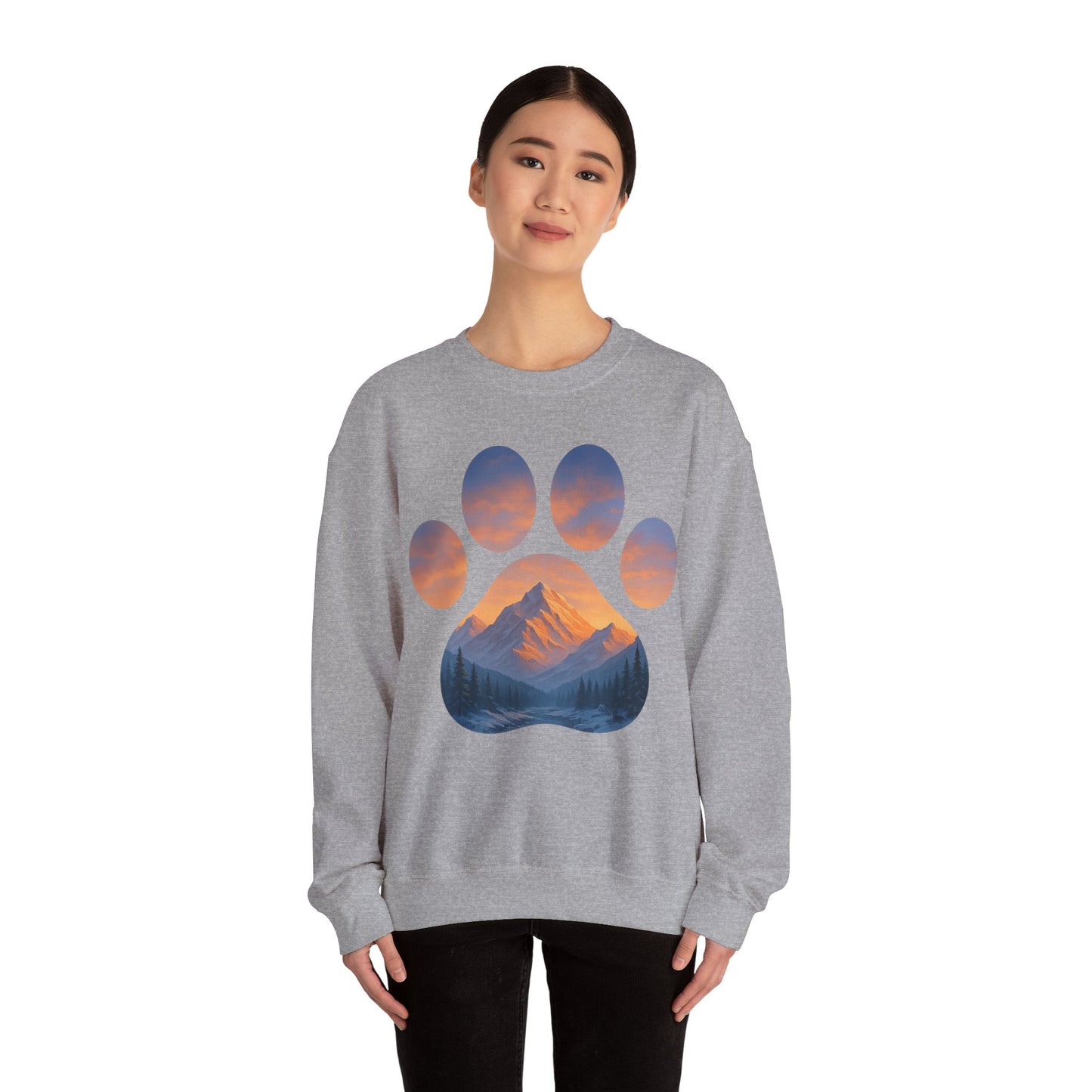 Mountain Sunset Paw Print Sweatshirt | Cozy Unisex Crewneck for Dog Lovers, Nature Enthusiasts, Gifts, Casual Wear, Animal Themes