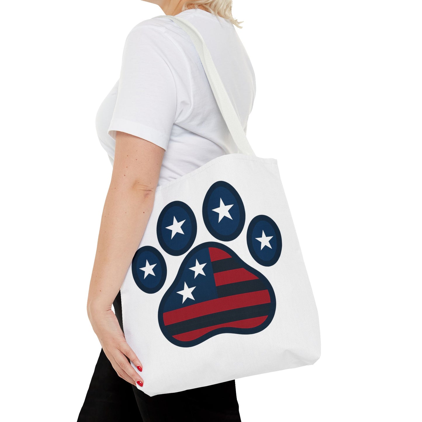 Patriotic Dog Paw Tote Bag | USA Flag Inspired | Perfect for Pet Lovers, Independence Day, Gift for Dog Moms, Eco-Friendly, AOP