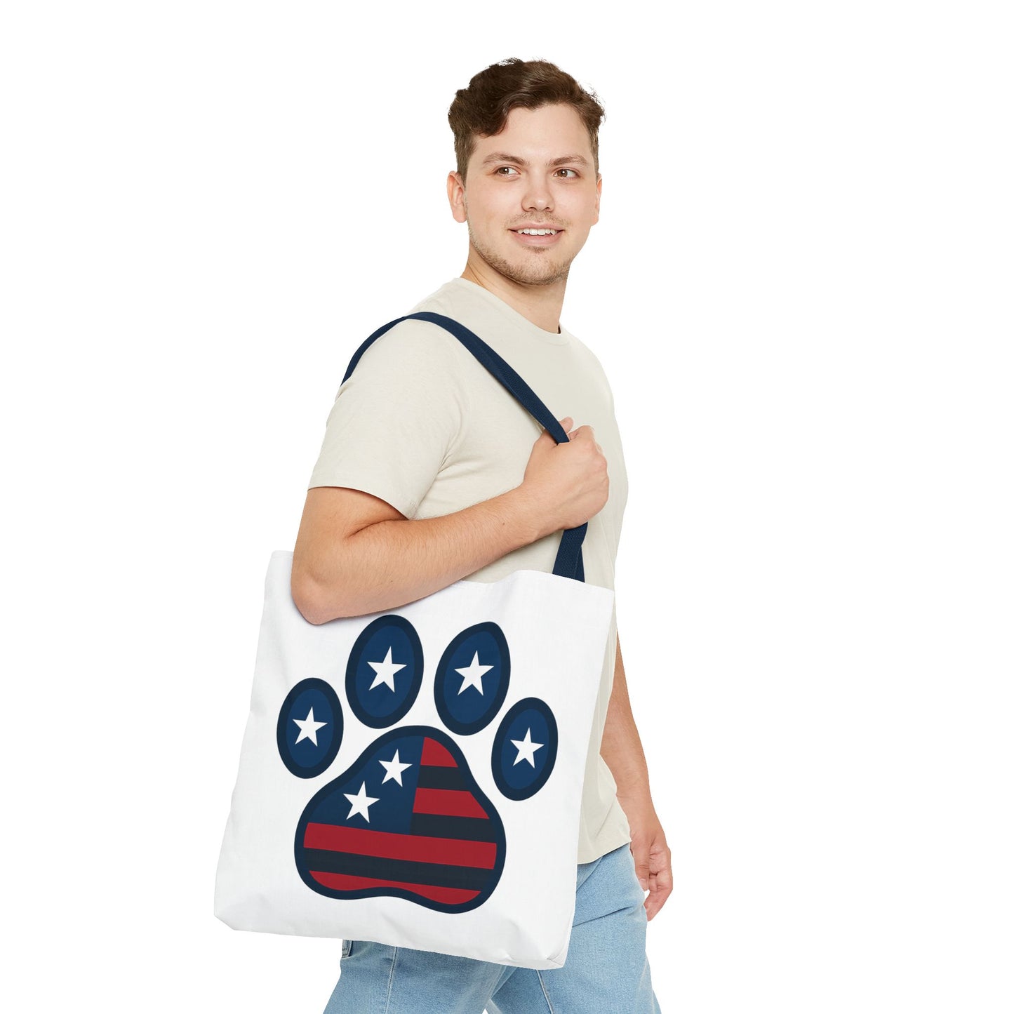Patriotic Dog Paw Tote Bag | USA Flag Inspired | Perfect for Pet Lovers, Independence Day, Gift for Dog Moms, Eco-Friendly, AOP