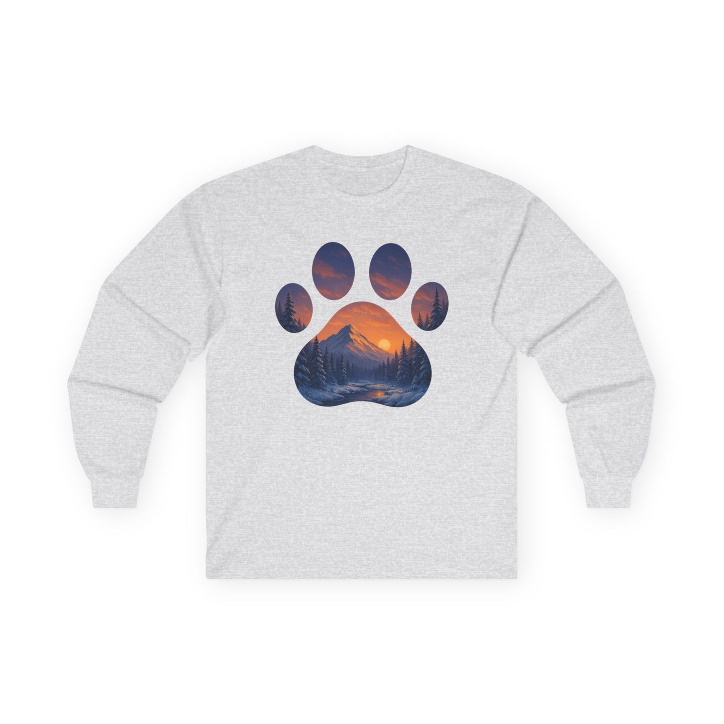 Mountain Sunset Paw Print Long Sleeve Tee - Nature Lover Gift, Pet Paw Tee, Cozy Wildlife Shirt, Casual Unisex Apparel, Gift for Dog Lovers