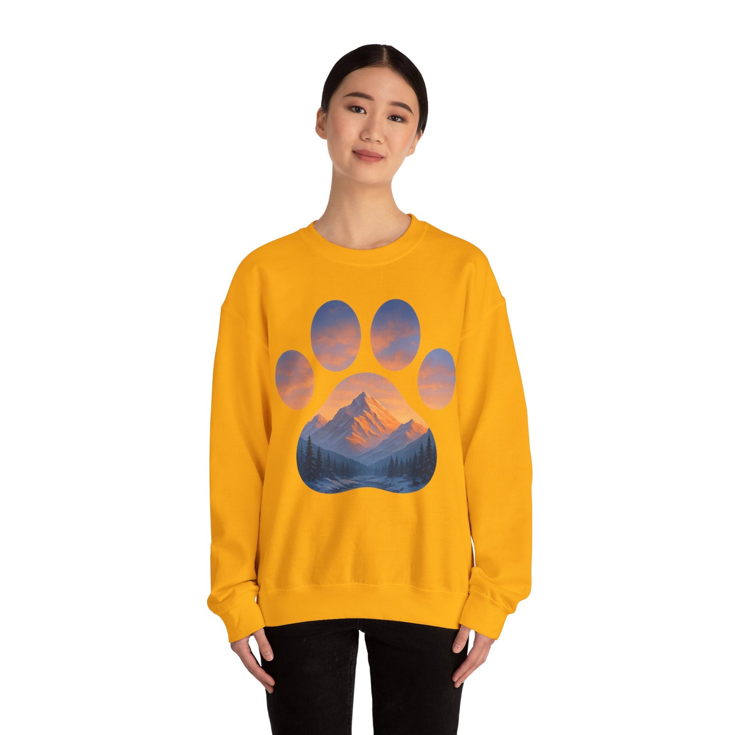 Mountain Sunset Paw Print Sweatshirt | Cozy Unisex Crewneck for Dog Lovers, Nature Enthusiasts, Gifts, Casual Wear, Animal Themes